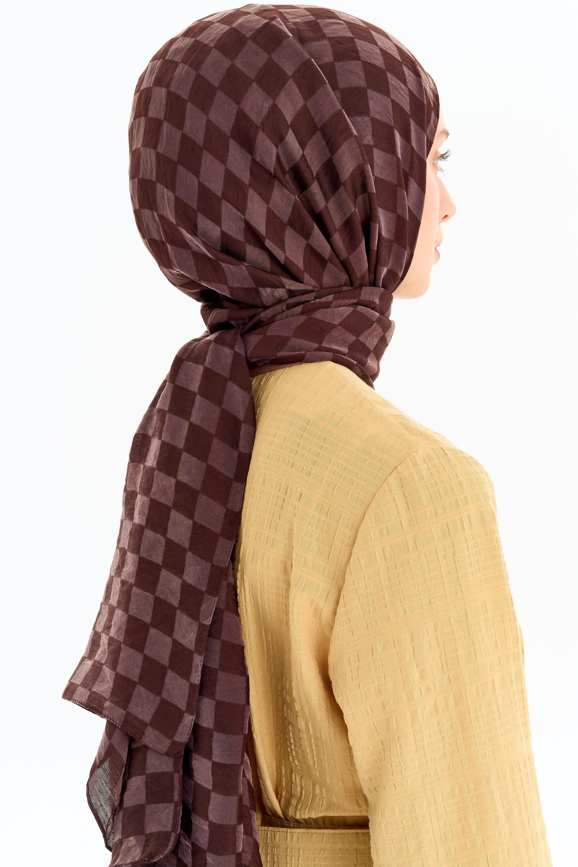 Dama Desen Viskon Şal - Kahve TUGBA