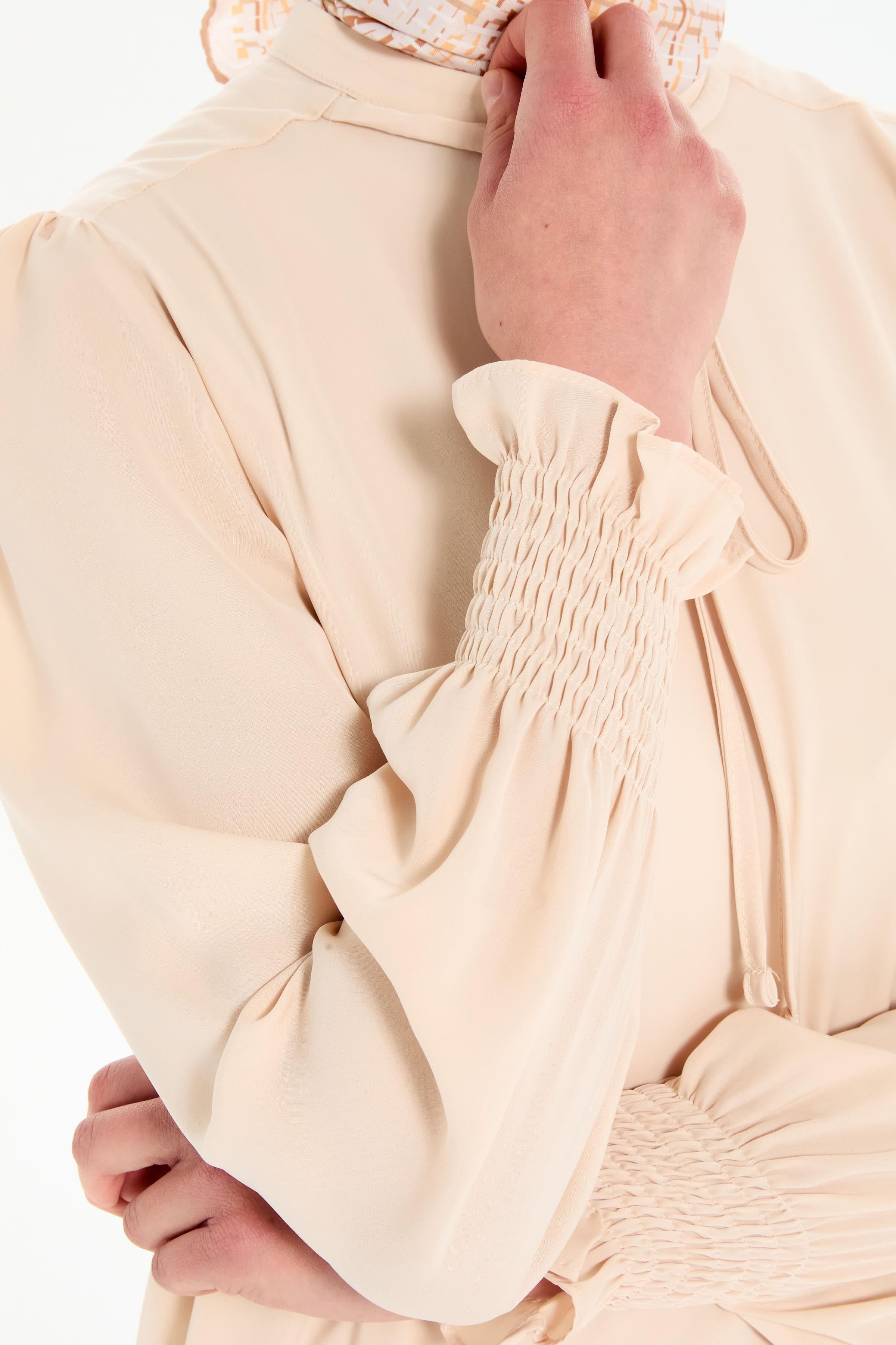 Yaka Bağcık Detaylı Kolları Lastikli Tunik - Bej TUGBA