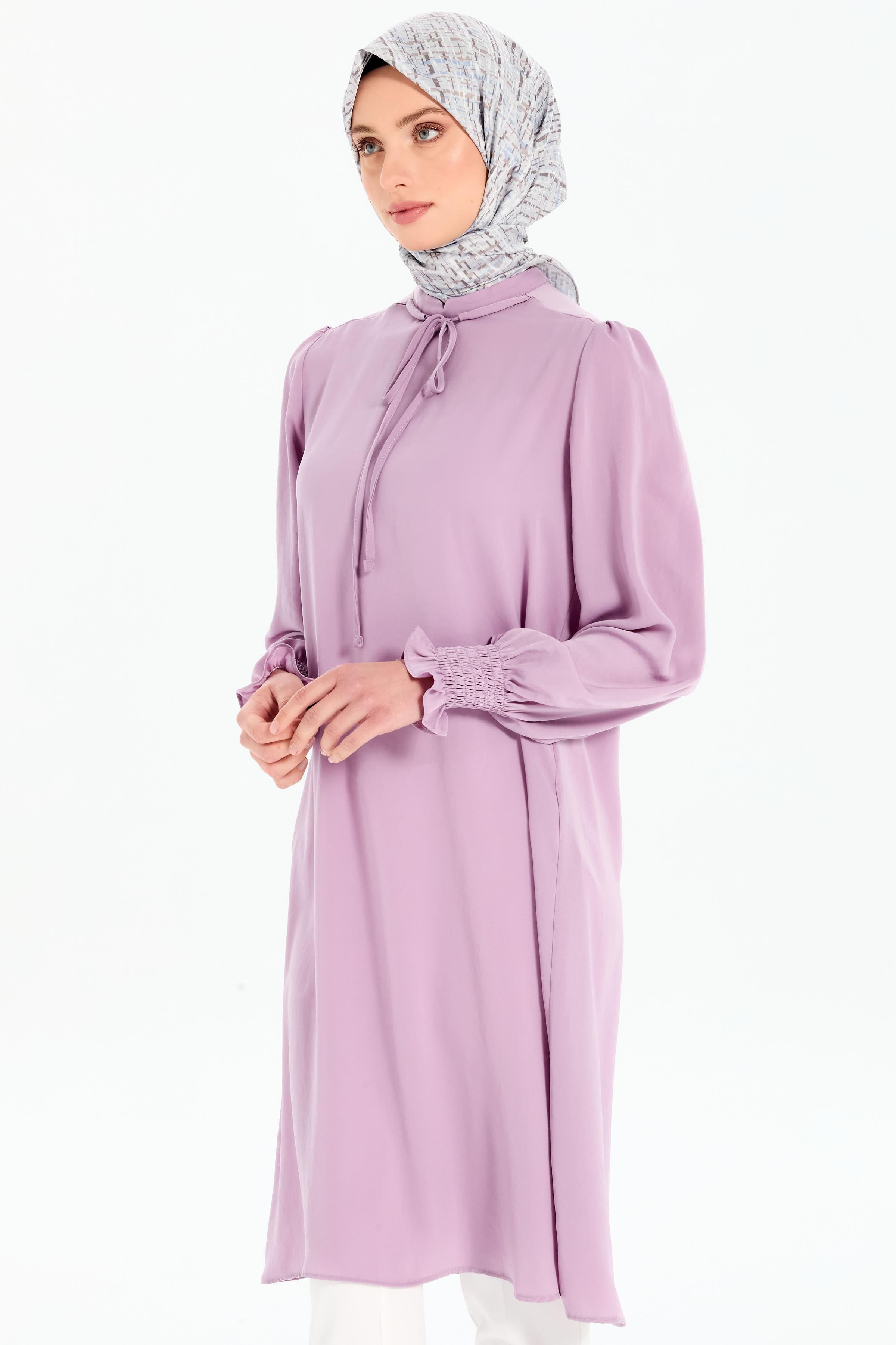 Yaka Bağcık Detaylı Kolları Lastikli Tunik - Lila TUGBA