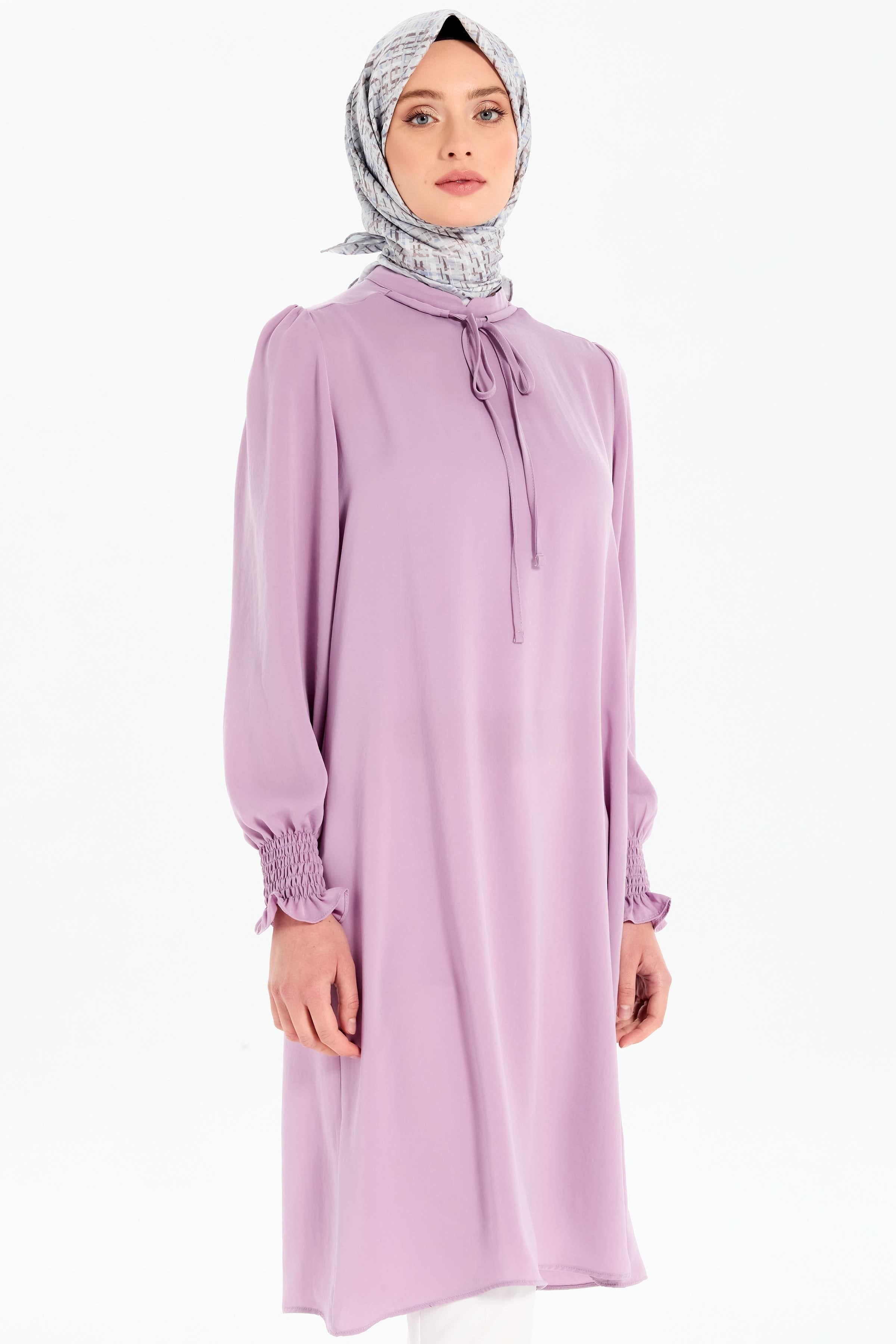 Yaka Bağcık Detaylı Kolları Lastikli Tunik - Lila TUGBA