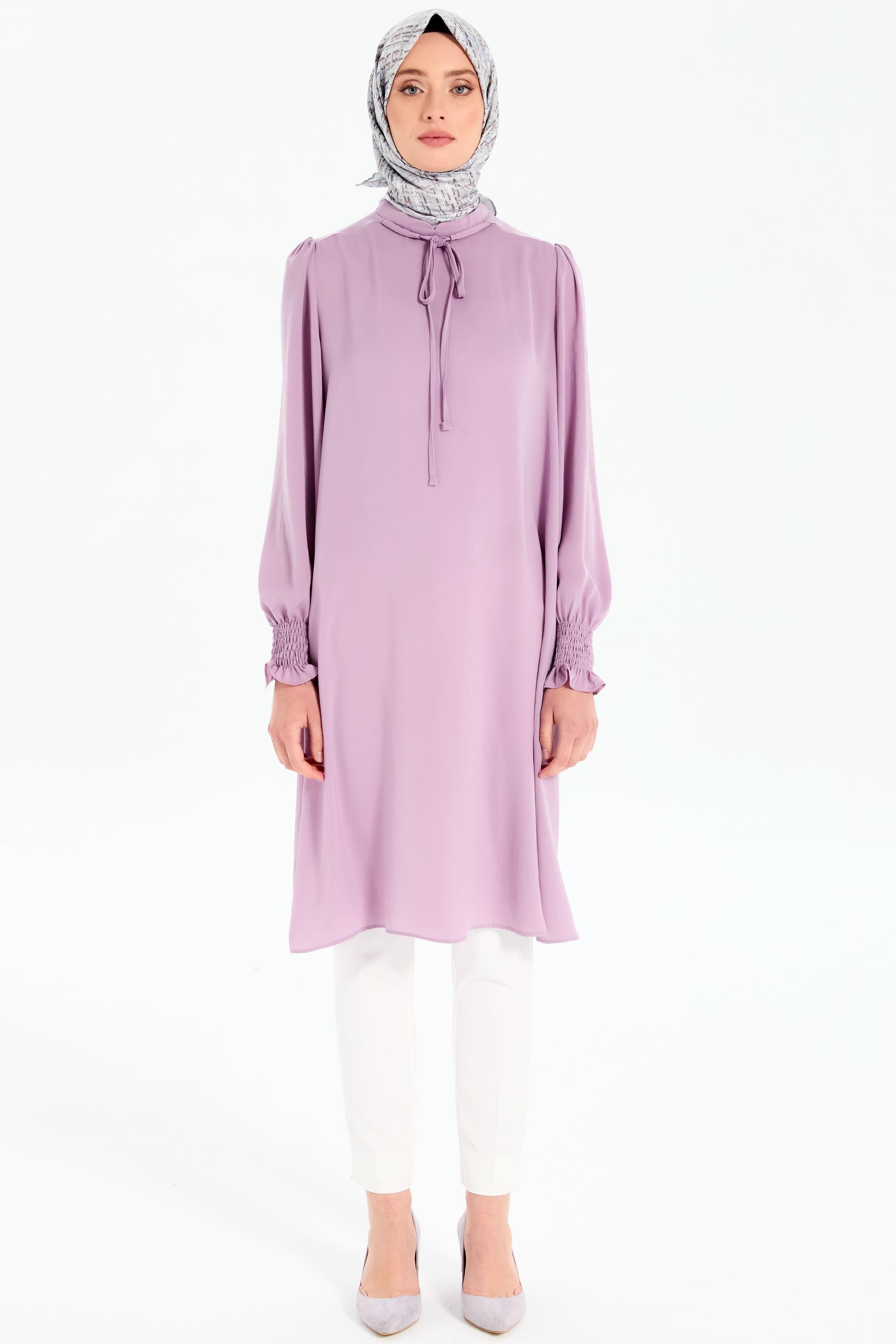 Yaka Bağcık Detaylı Kolları Lastikli Tunik - Lila TUGBA