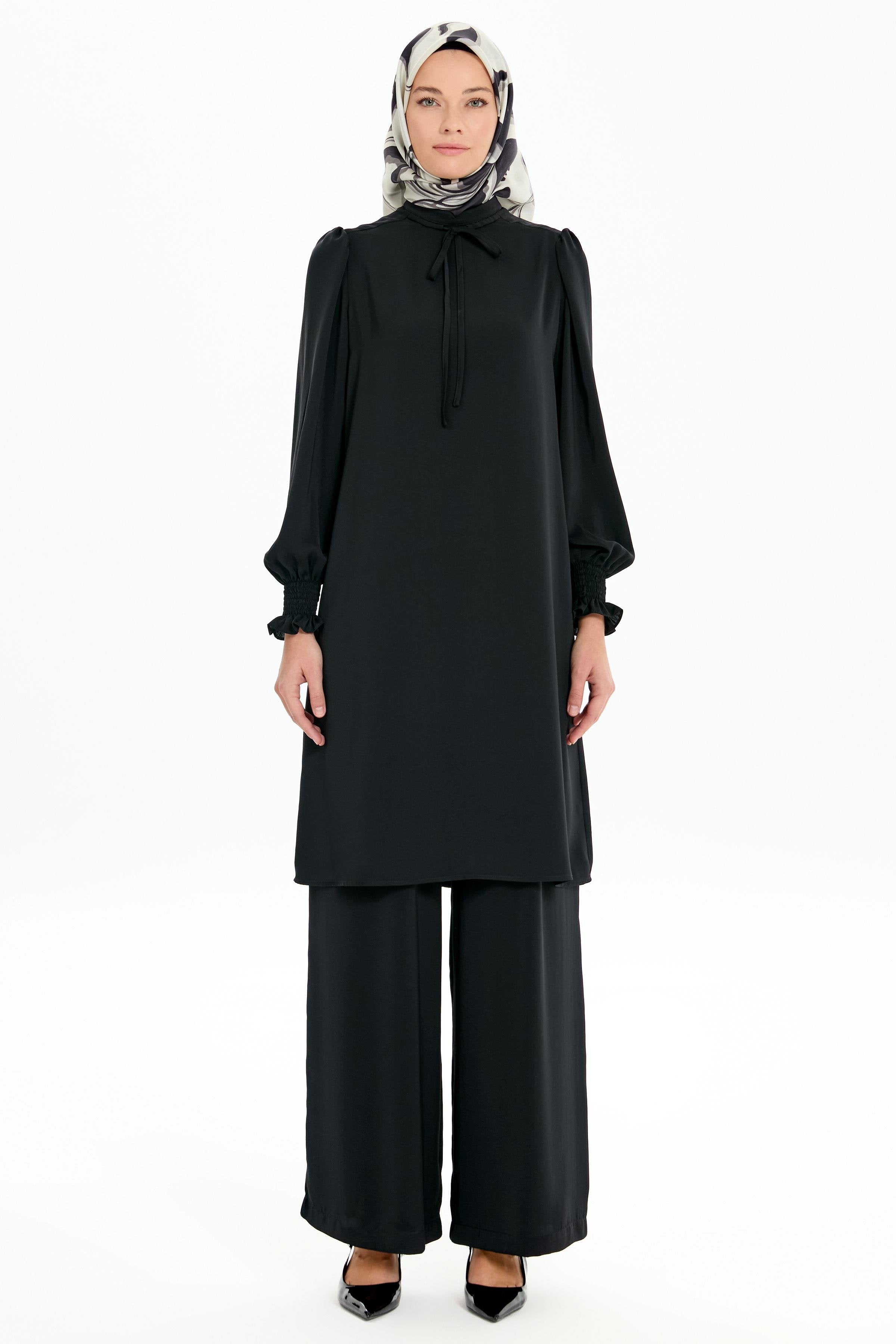 Yaka Bağcık Detaylı Kolları Lastikli Tunik - Siyah TUGBA