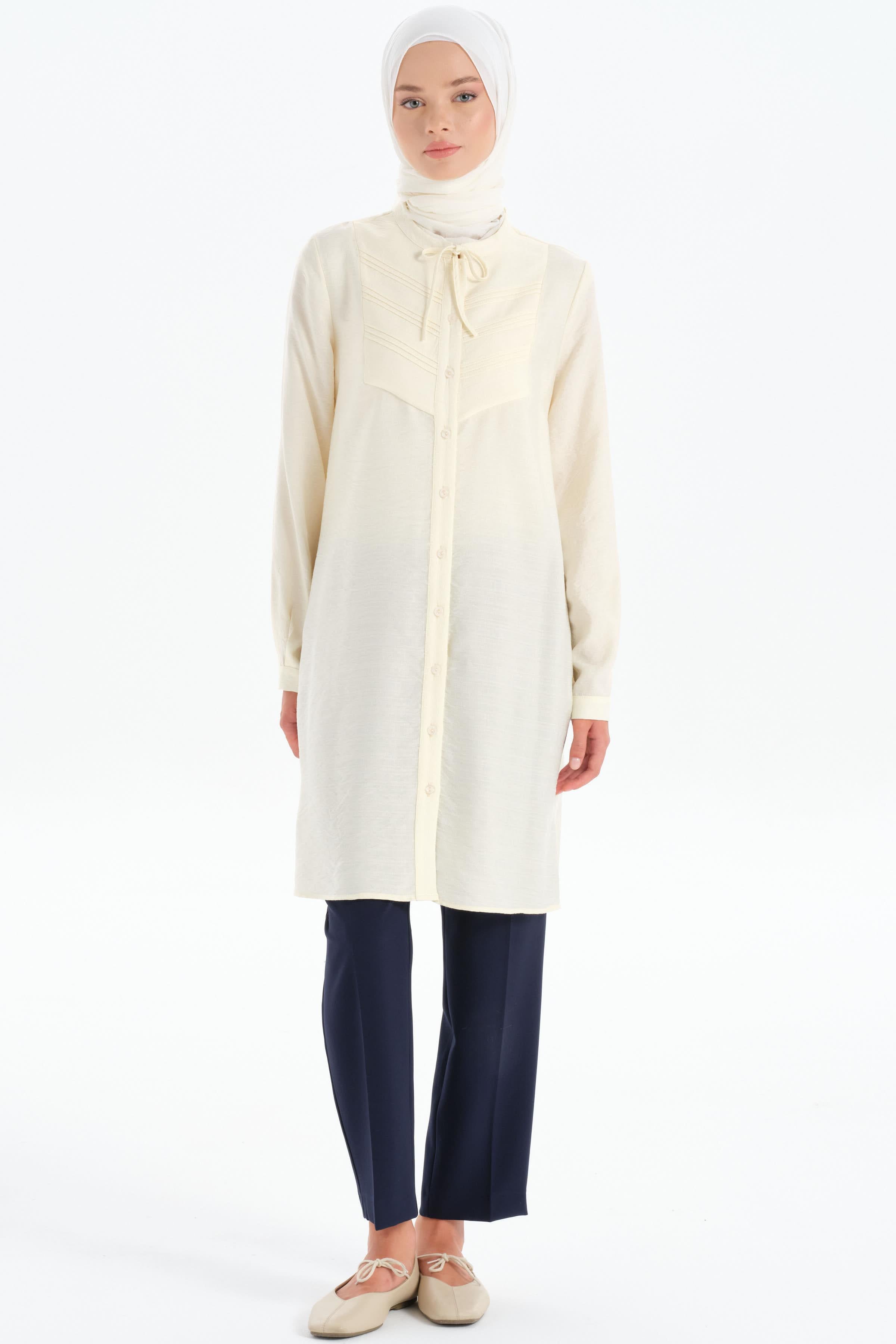 Yaka Bağcıklı Nervür Detaylı Tunik - Ekru TUĞBA