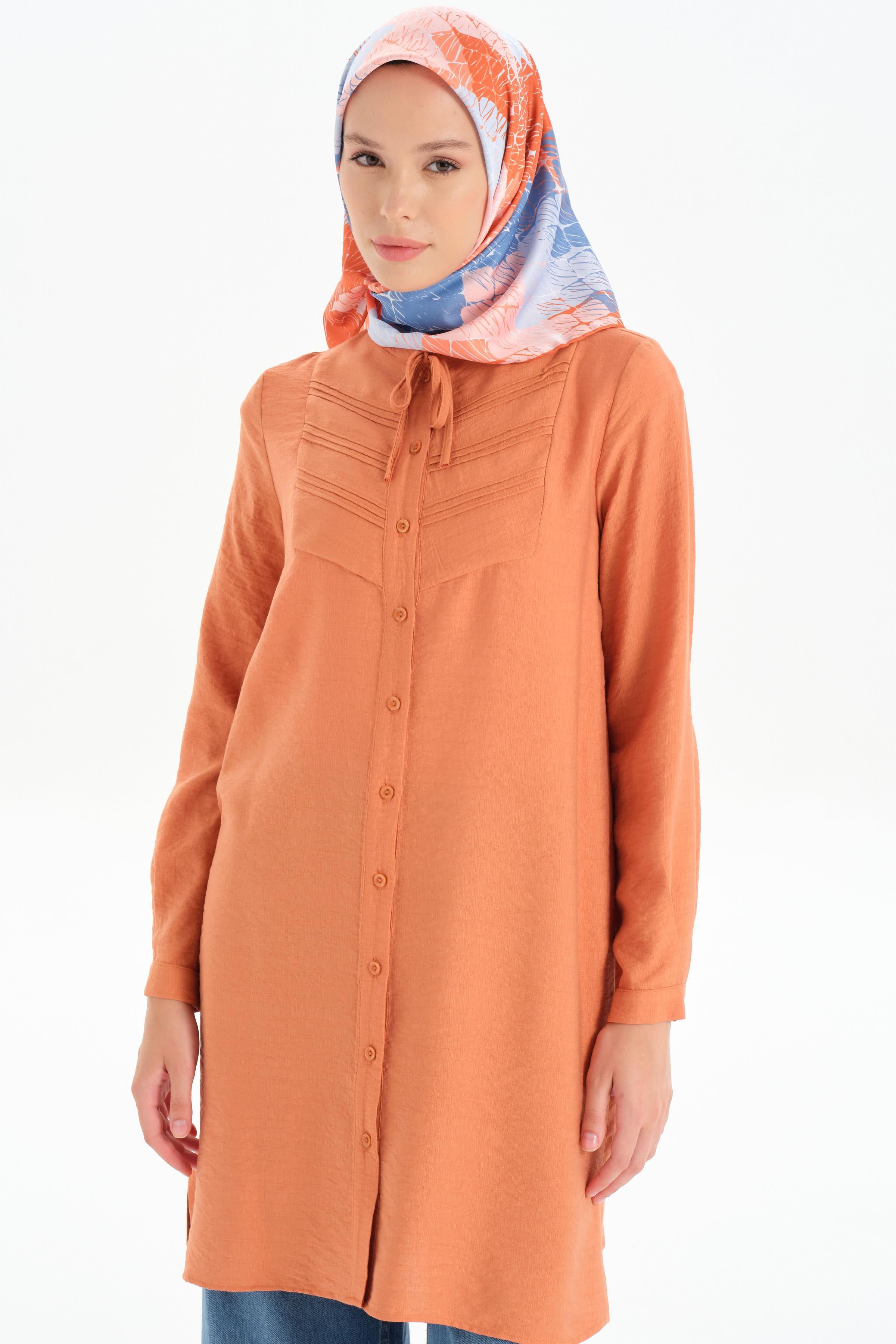 Yaka Bağcıklı Nervür Detaylı Tunik - Kiremit TUGBA