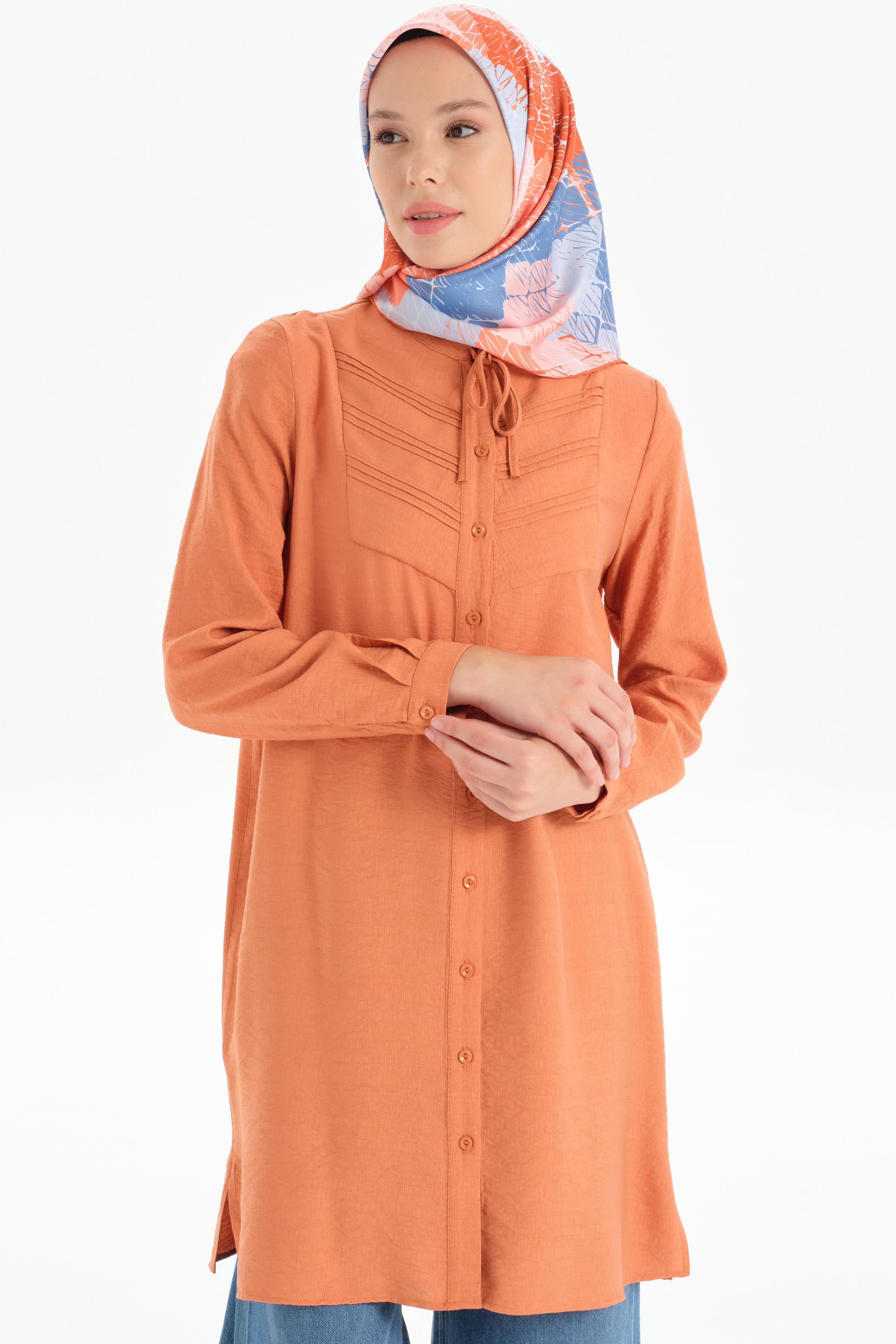 Yaka Bağcıklı Nervür Detaylı Tunik - Kiremit TUGBA