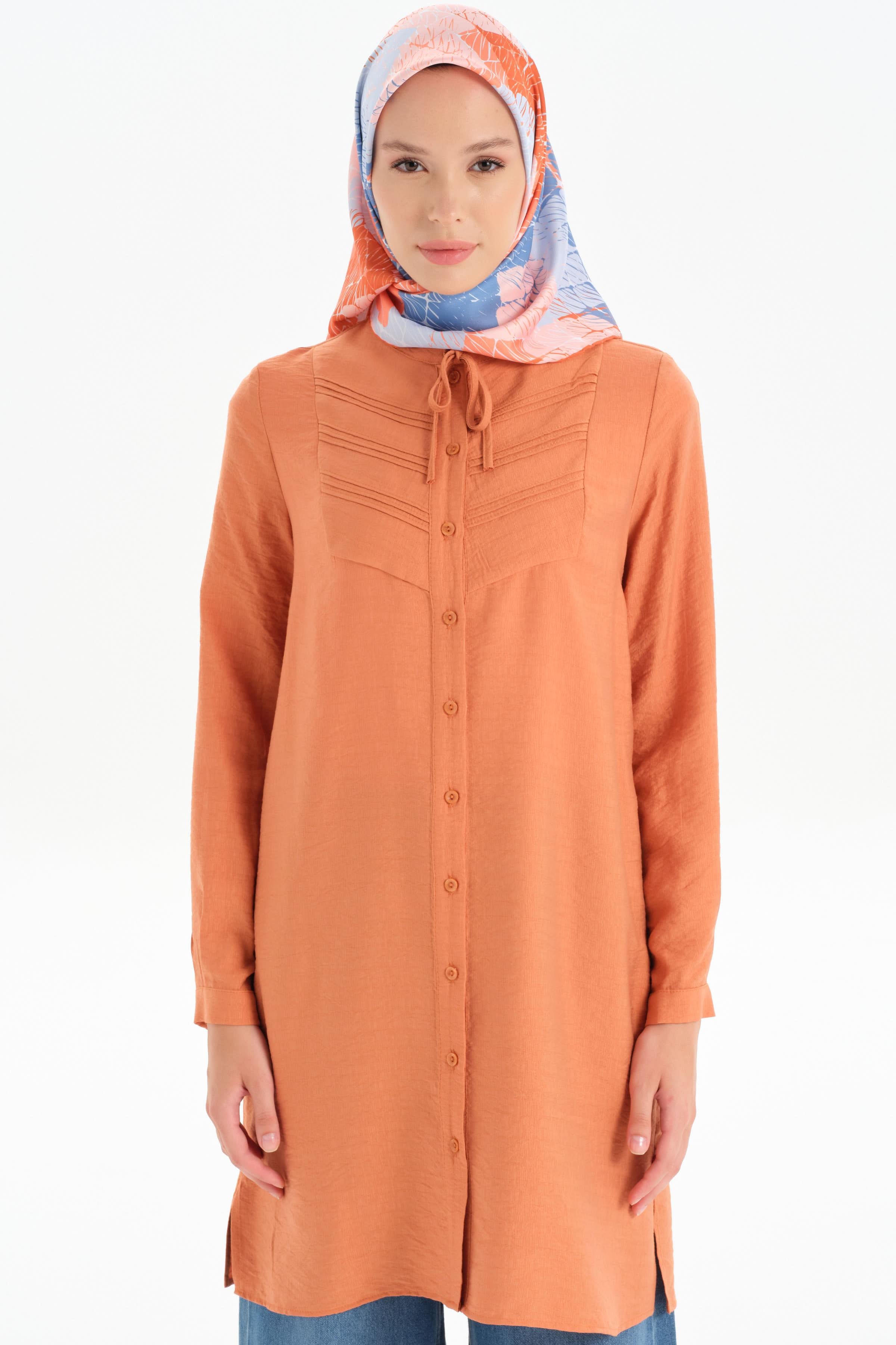 Yaka Bağcıklı Nervür Detaylı Tunik - Kiremit TUGBA