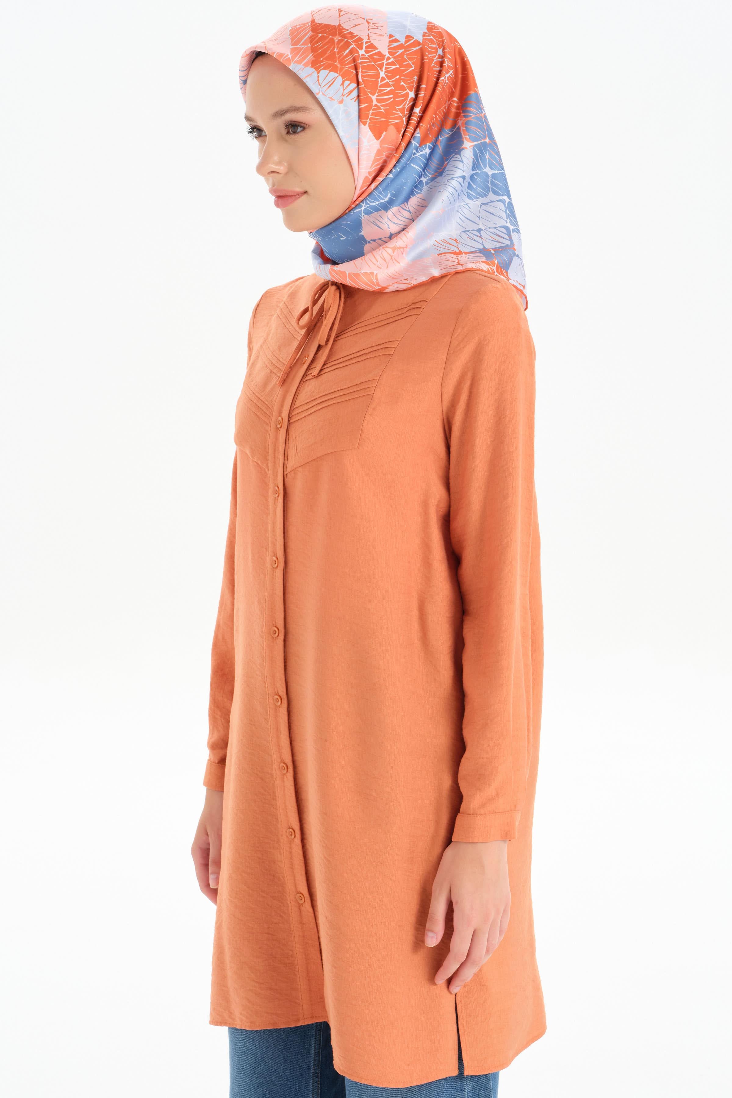 Yaka Bağcıklı Nervür Detaylı Tunik - Kiremit TUGBA