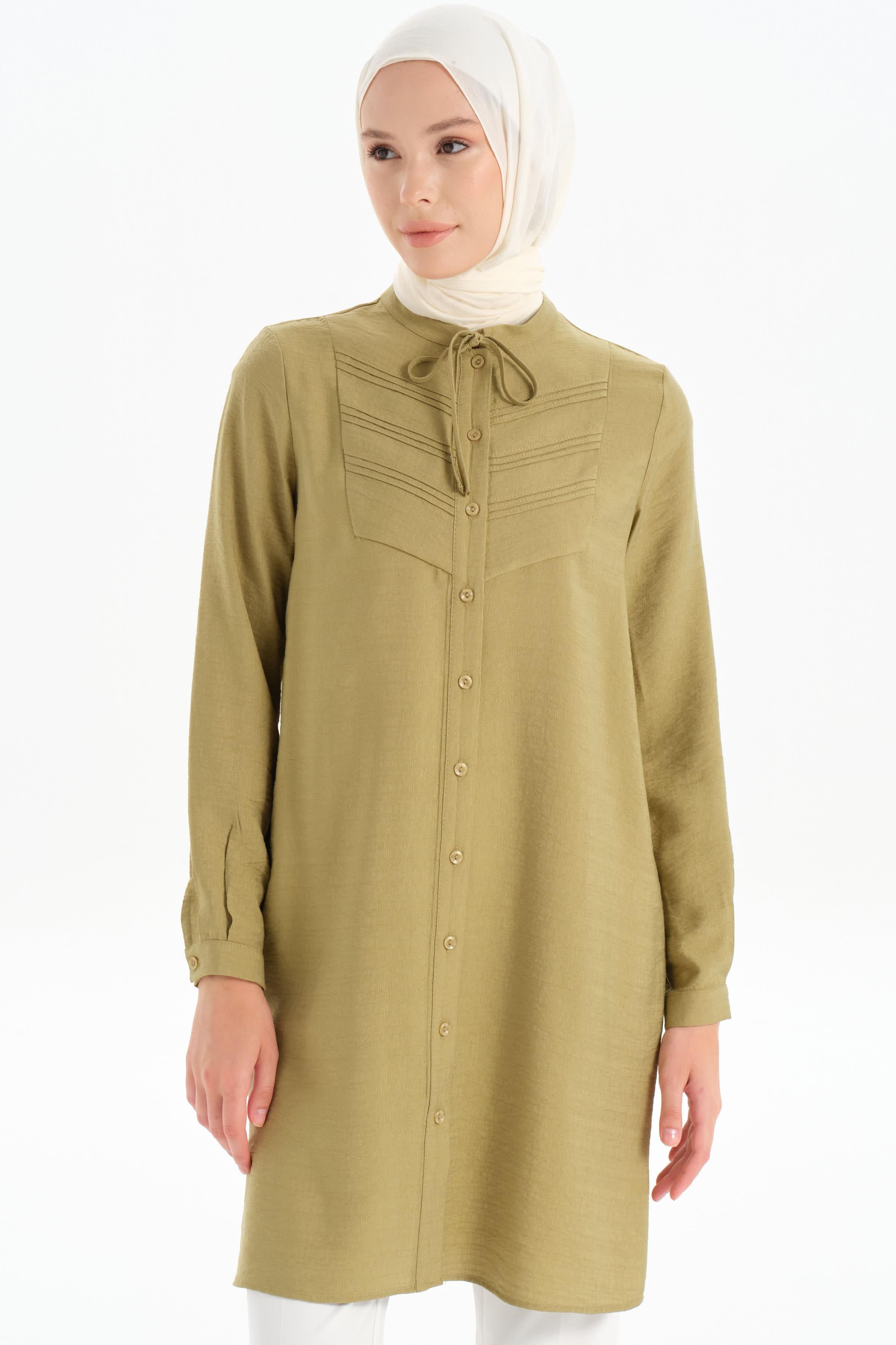 Yaka Bağcıklı Nervür Detaylı Tunik - Olive TUGBA