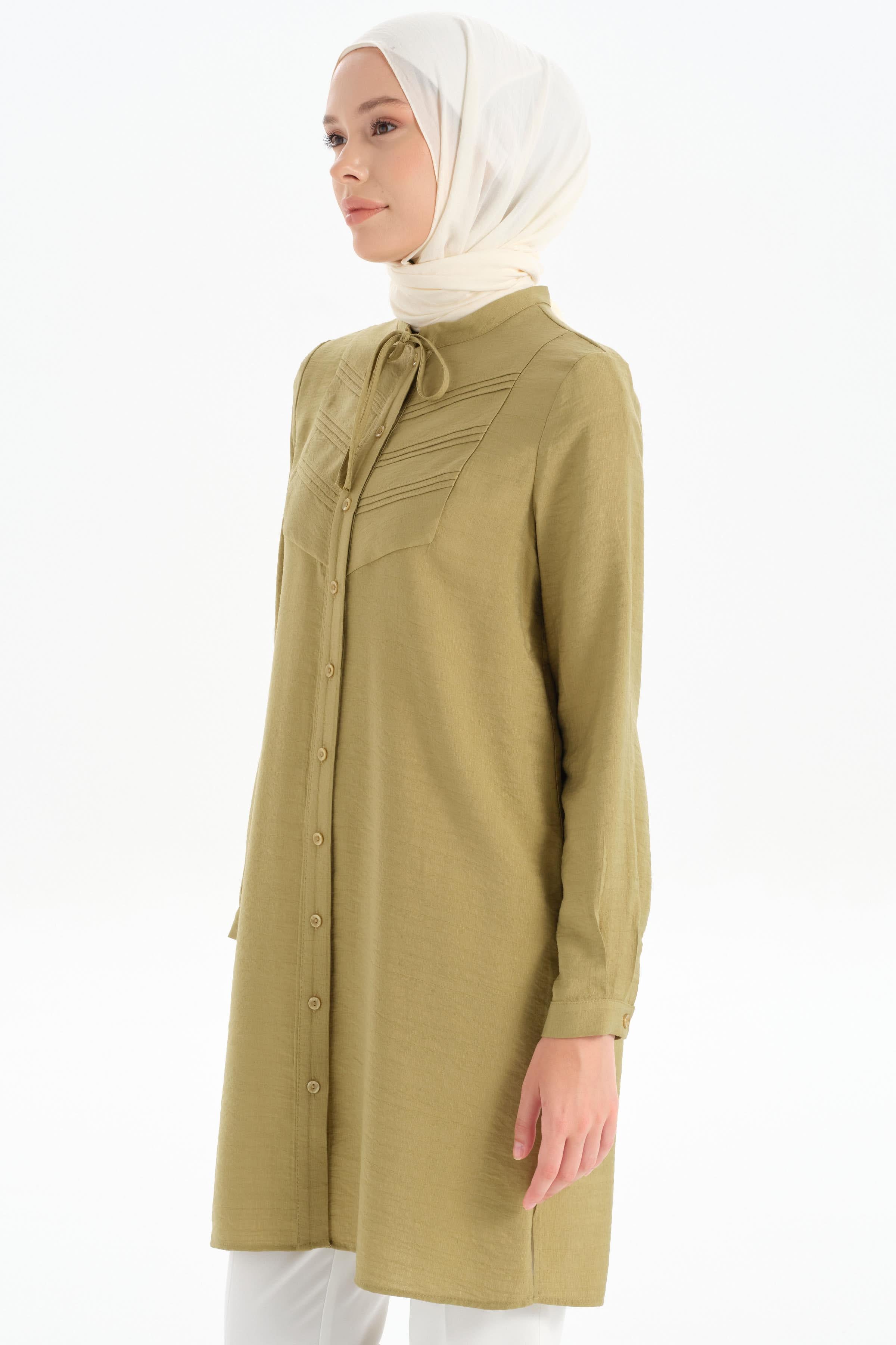 Yaka Bağcıklı Nervür Detaylı Tunik - Olive TUGBA