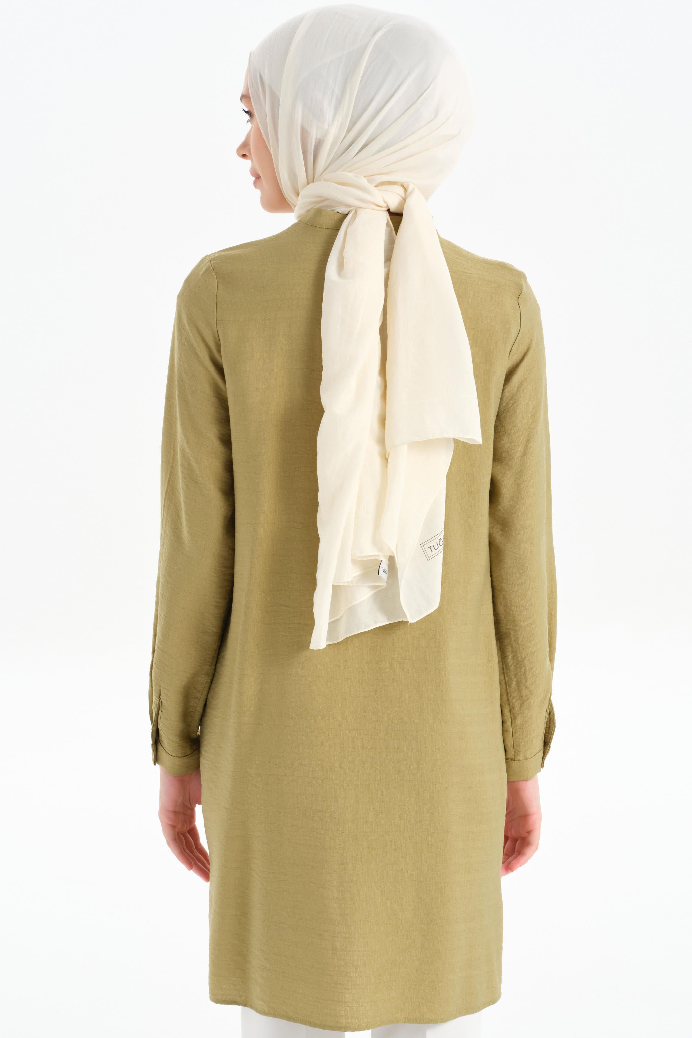 Yaka Bağcıklı Nervür Detaylı Tunik - Olive TUGBA