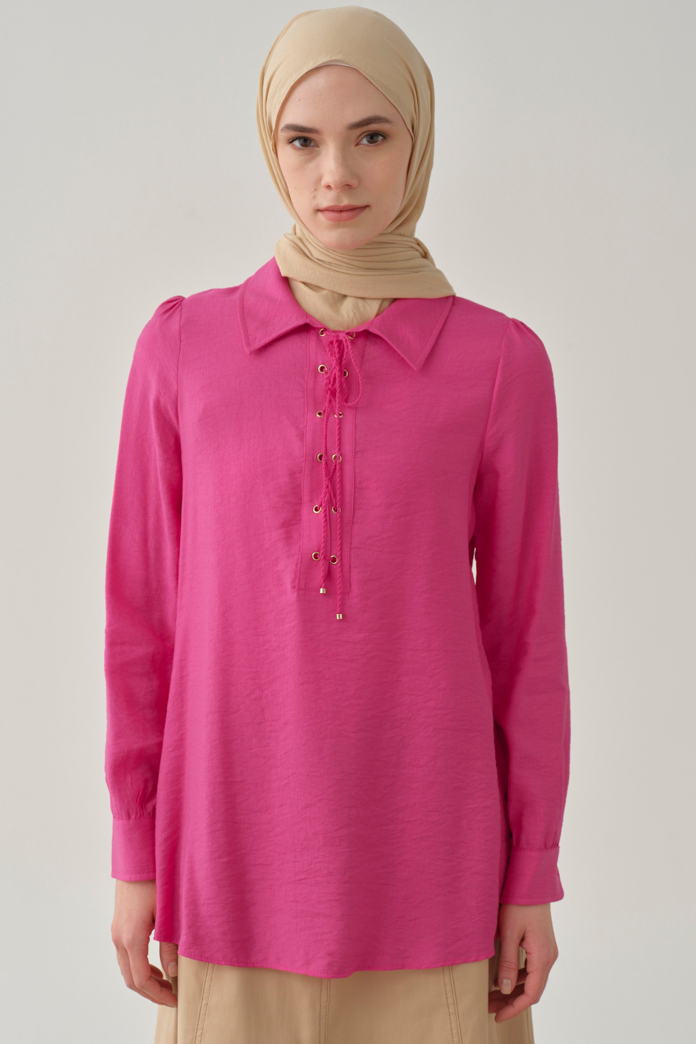Yaka Çapraz Bağlamalı Bluz - Fuşya TUGBA