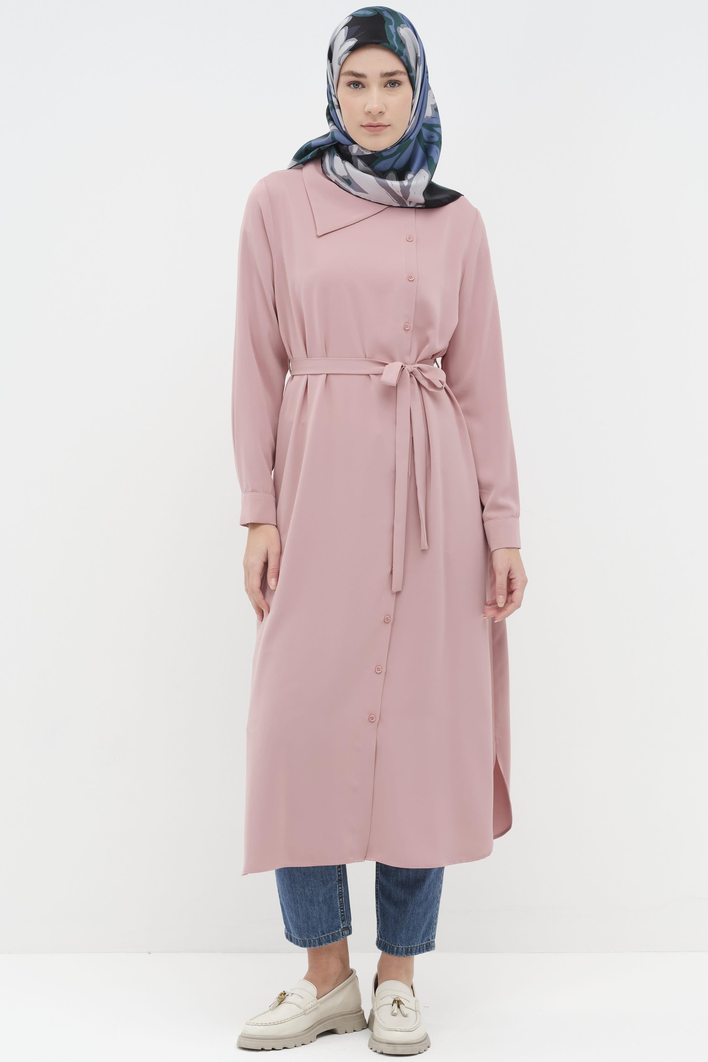 Yaka Detaylı Yandan Düğmeli Tunik - Pudra TUGBA