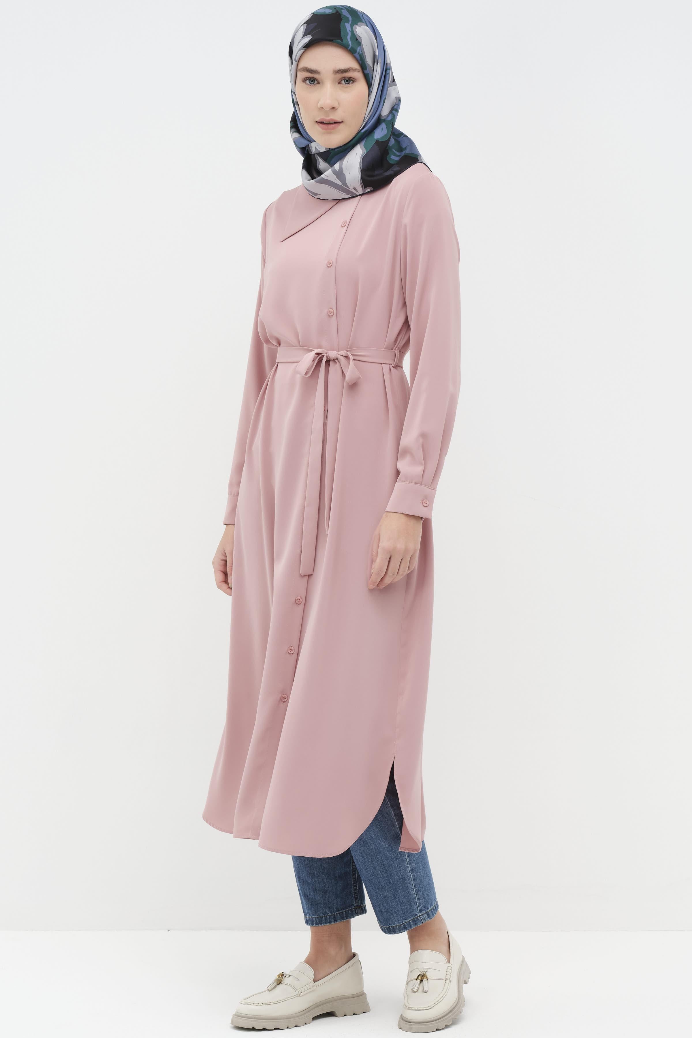 Yaka Detaylı Yandan Düğmeli Tunik - Pudra TUGBA