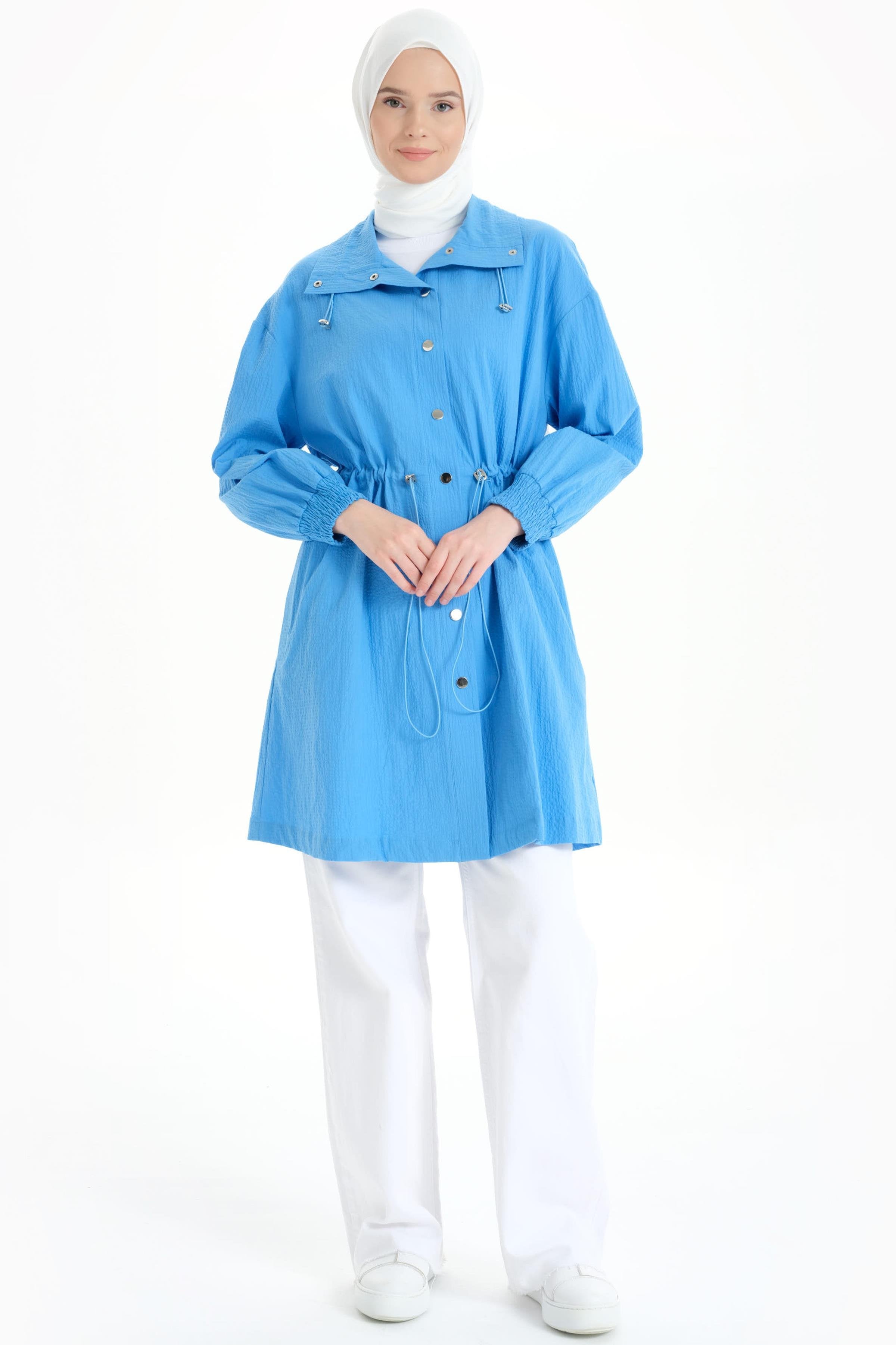 Yaka Ve Bel Tünel Detaylı Kap - Mavi TUGBA