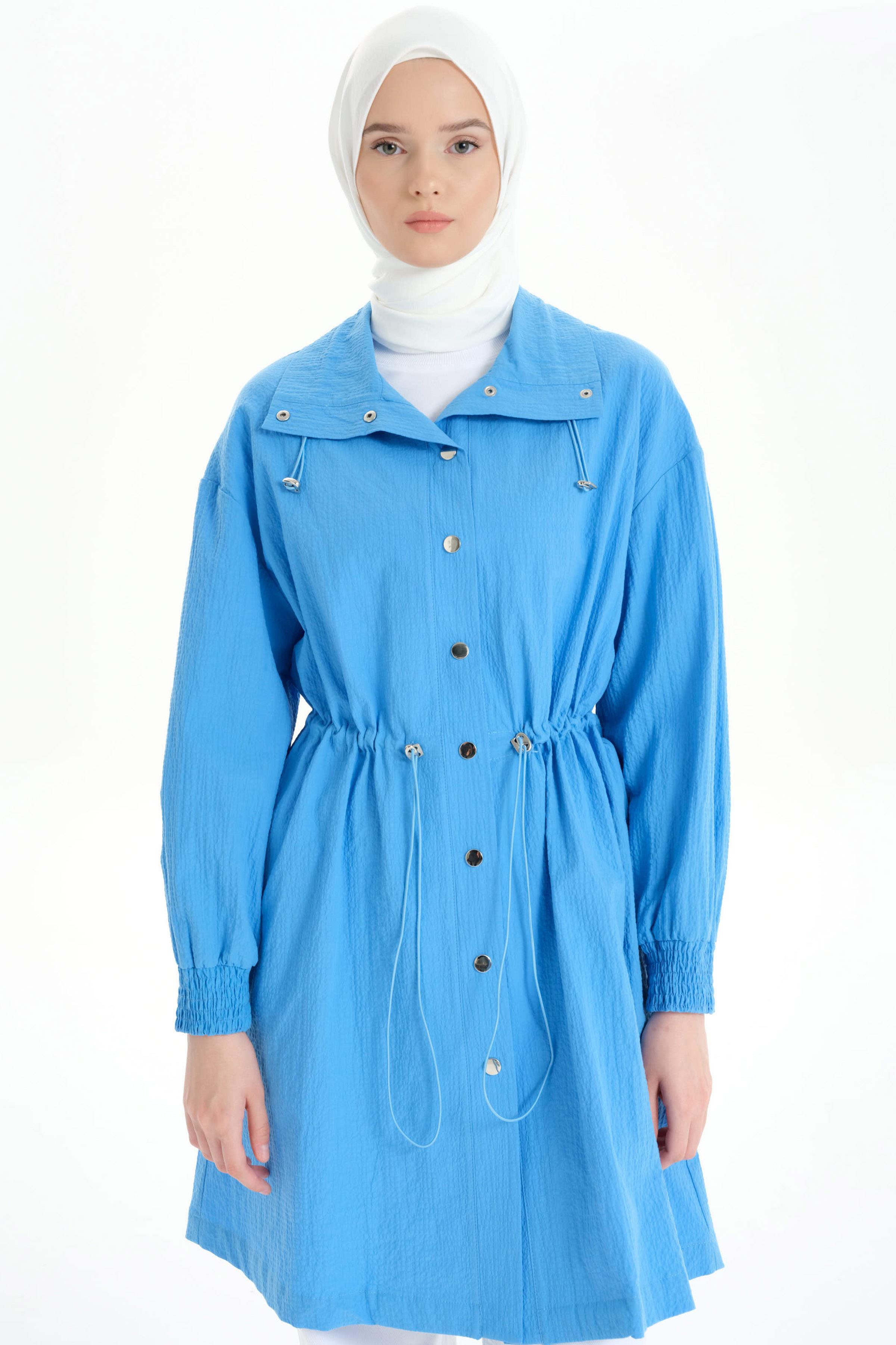 Yaka Ve Bel Tünel Detaylı Kap - Mavi TUGBA