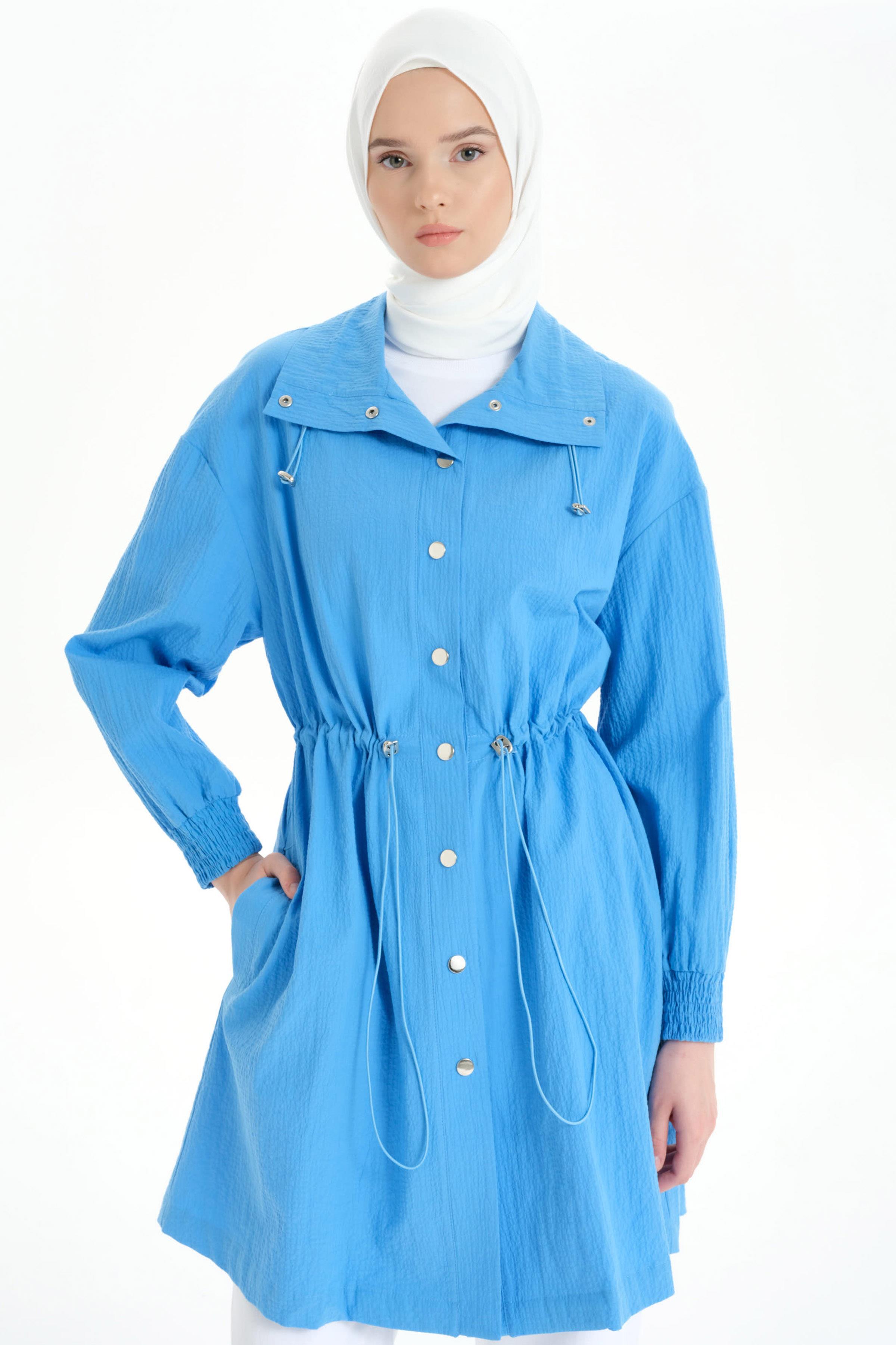 Yaka Ve Bel Tünel Detaylı Kap - Mavi TUGBA