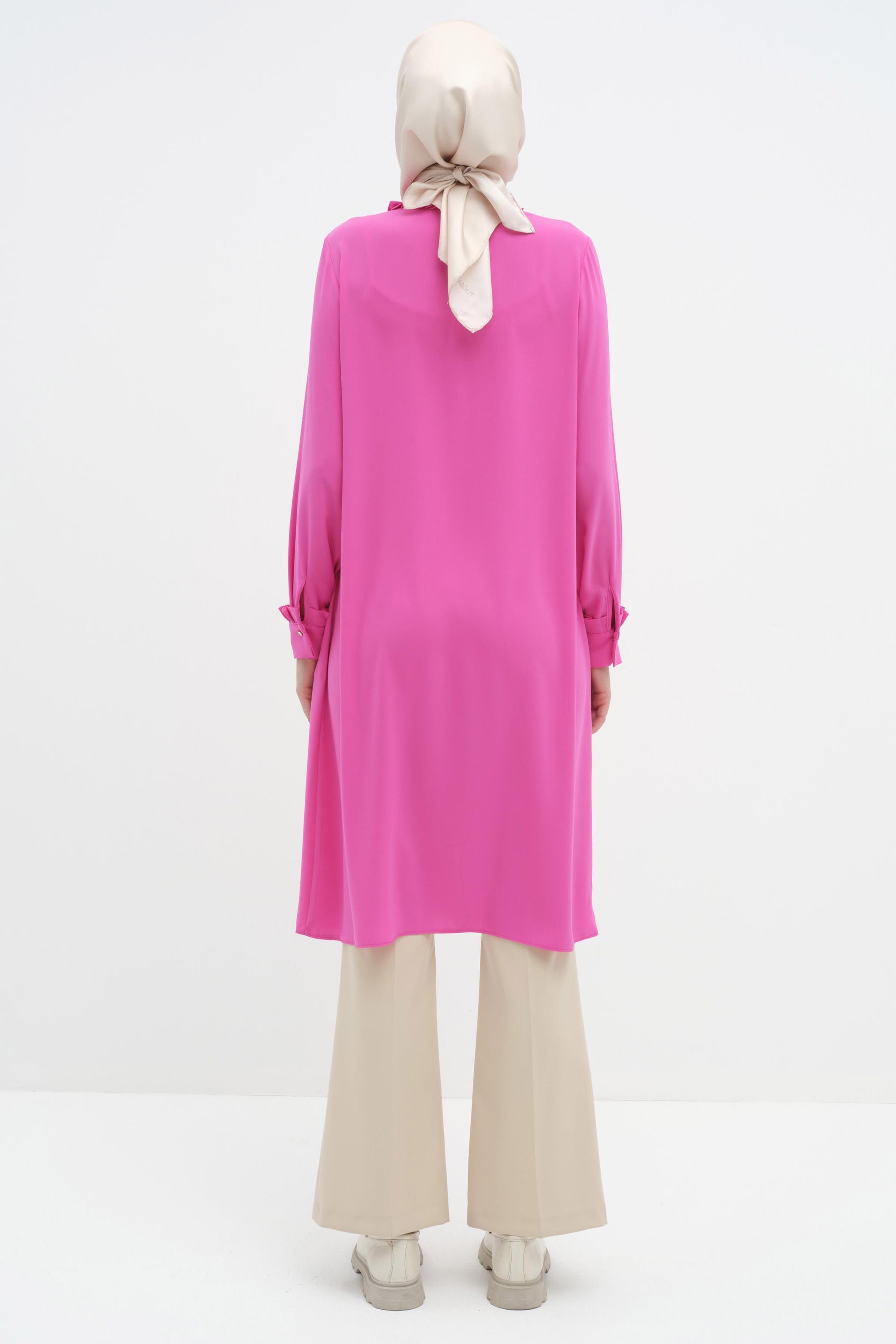 Yaka Ve Manşet Pile Detaylı Tunik - Fuşya TUGBA