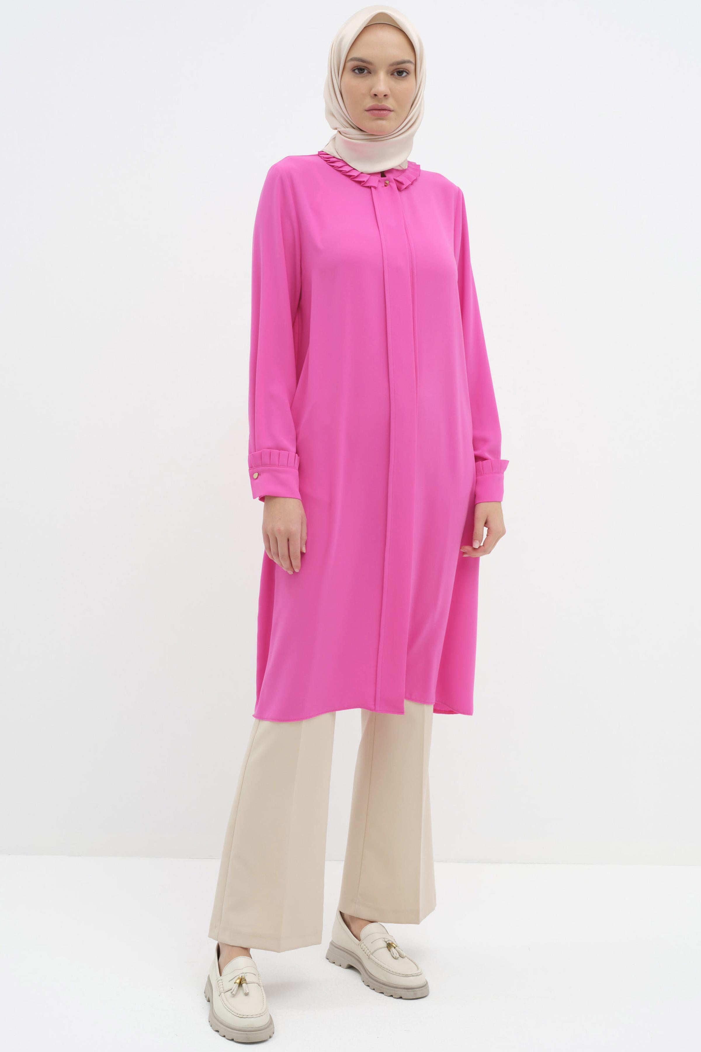 Yaka Ve Manşet Pile Detaylı Tunik - Fuşya TUGBA
