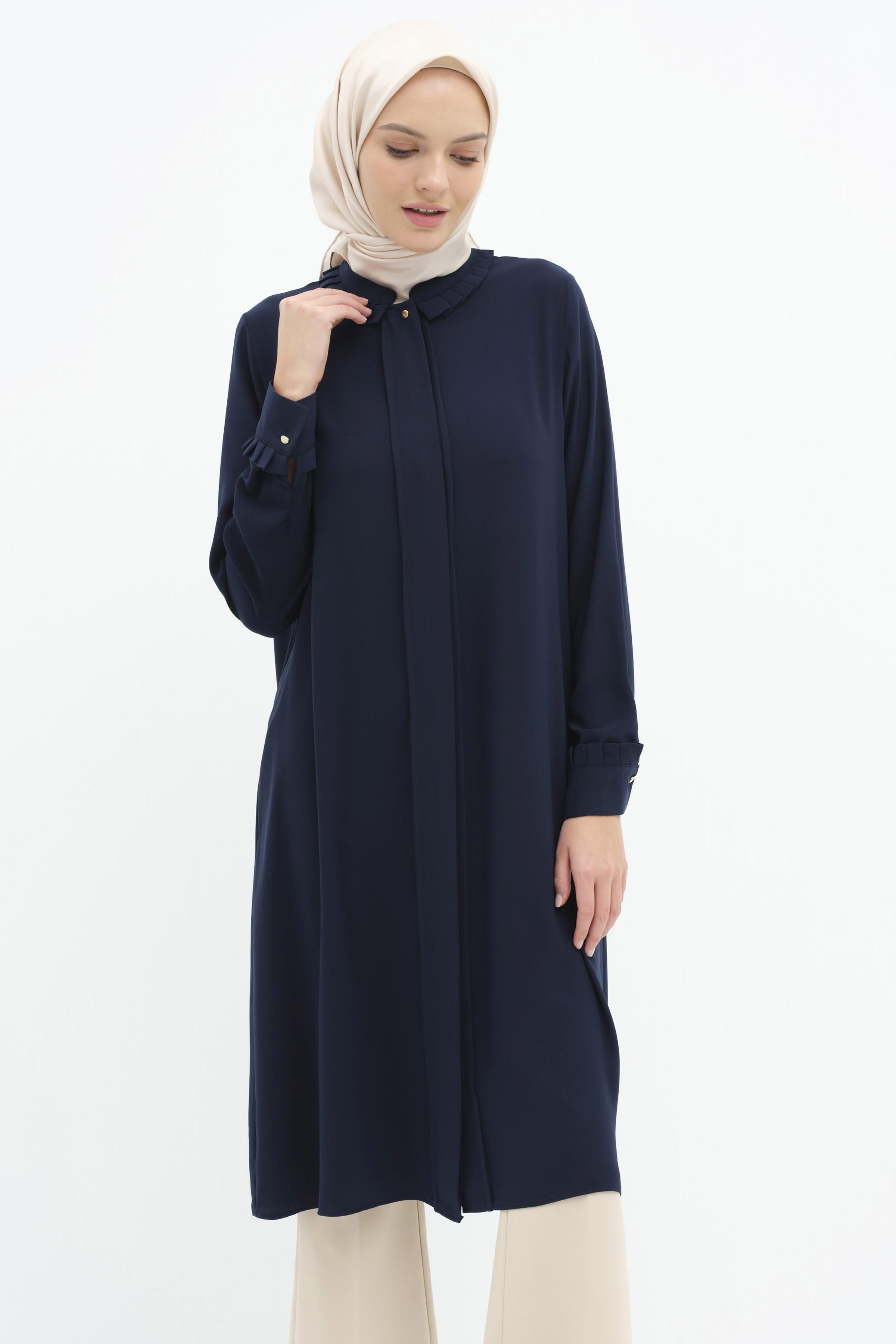 Yaka Ve Manşet Pile Detaylı Tunik - Lacivert TUGBA