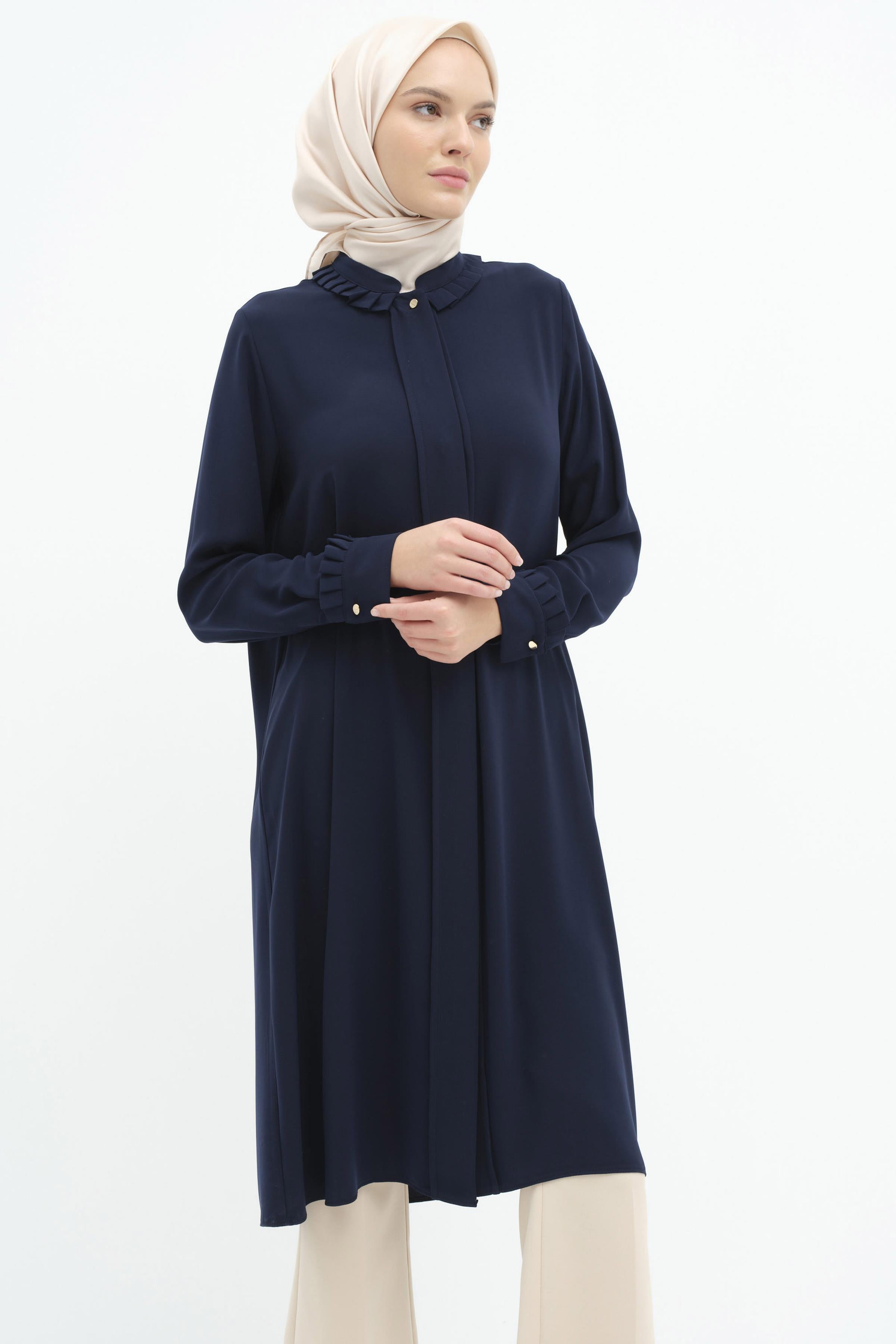 Yaka Ve Manşet Pile Detaylı Tunik - Lacivert TUGBA