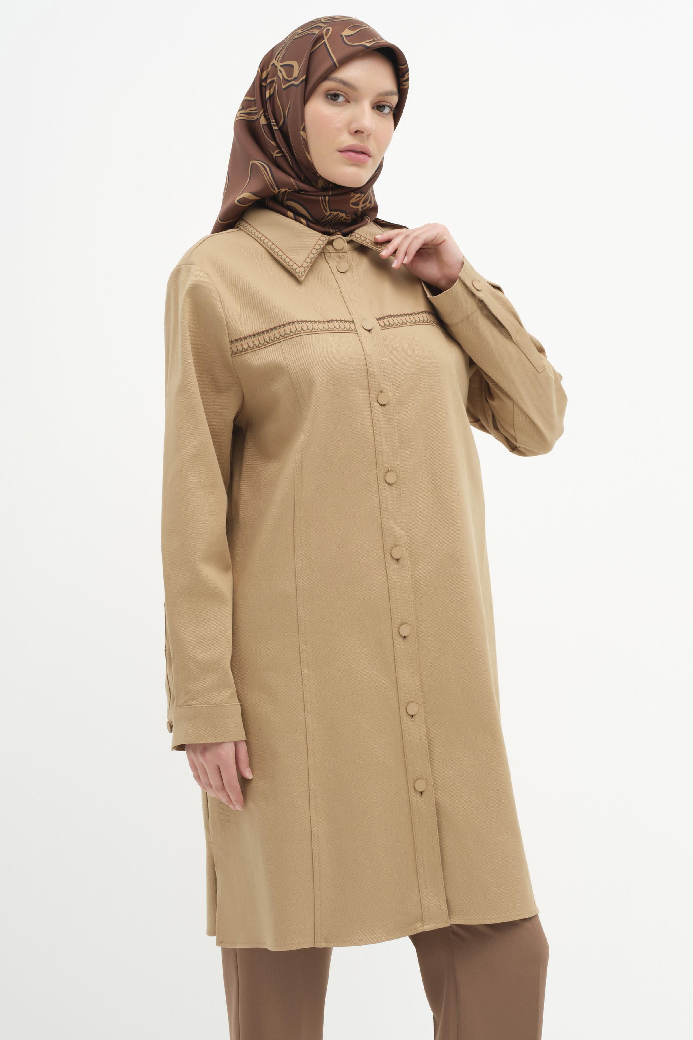 Yaka Ve Robası Nakış Detaylı Canvas Tunik - Camel TUGBA