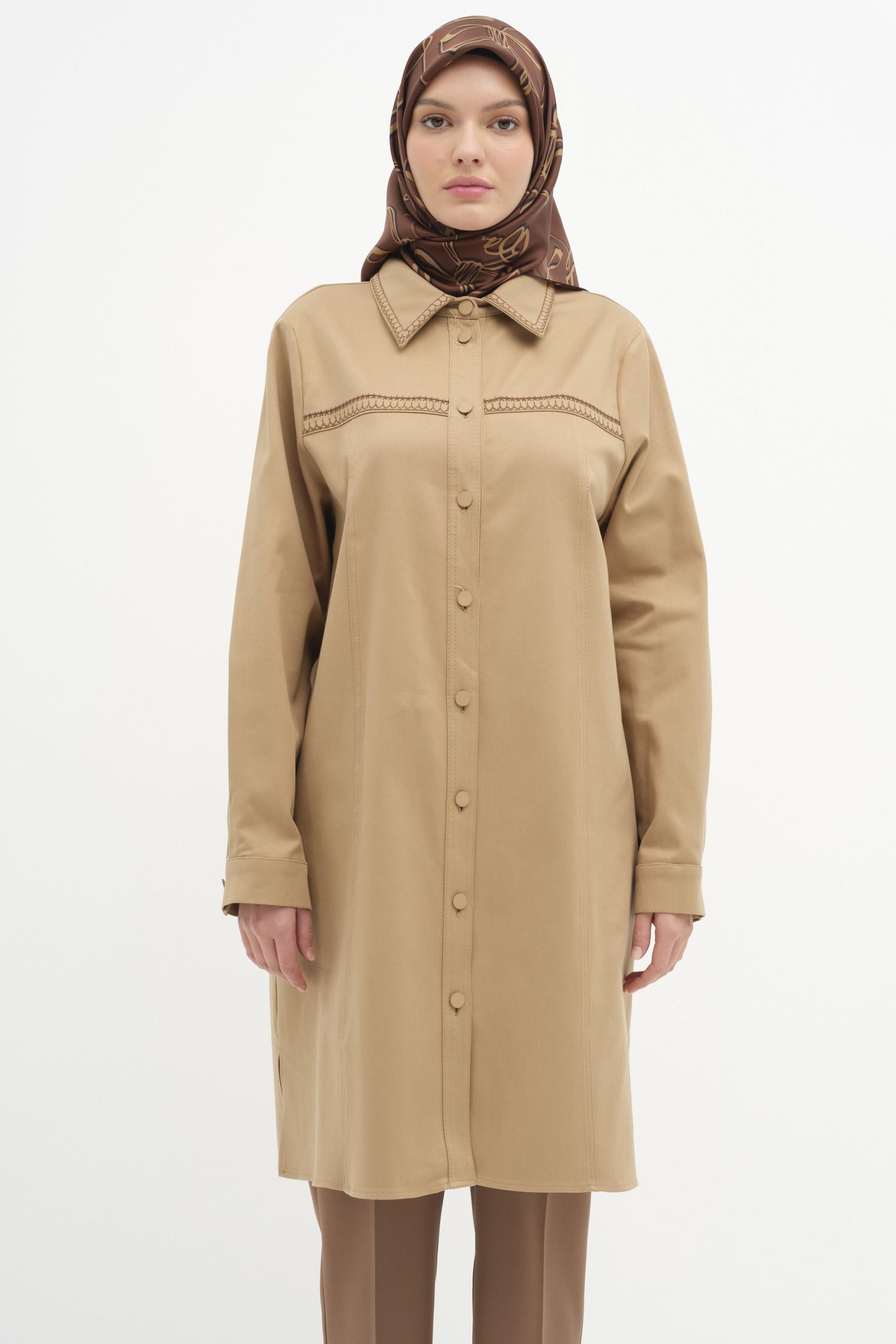 Yaka Ve Robası Nakış Detaylı Canvas Tunik - Camel TUGBA