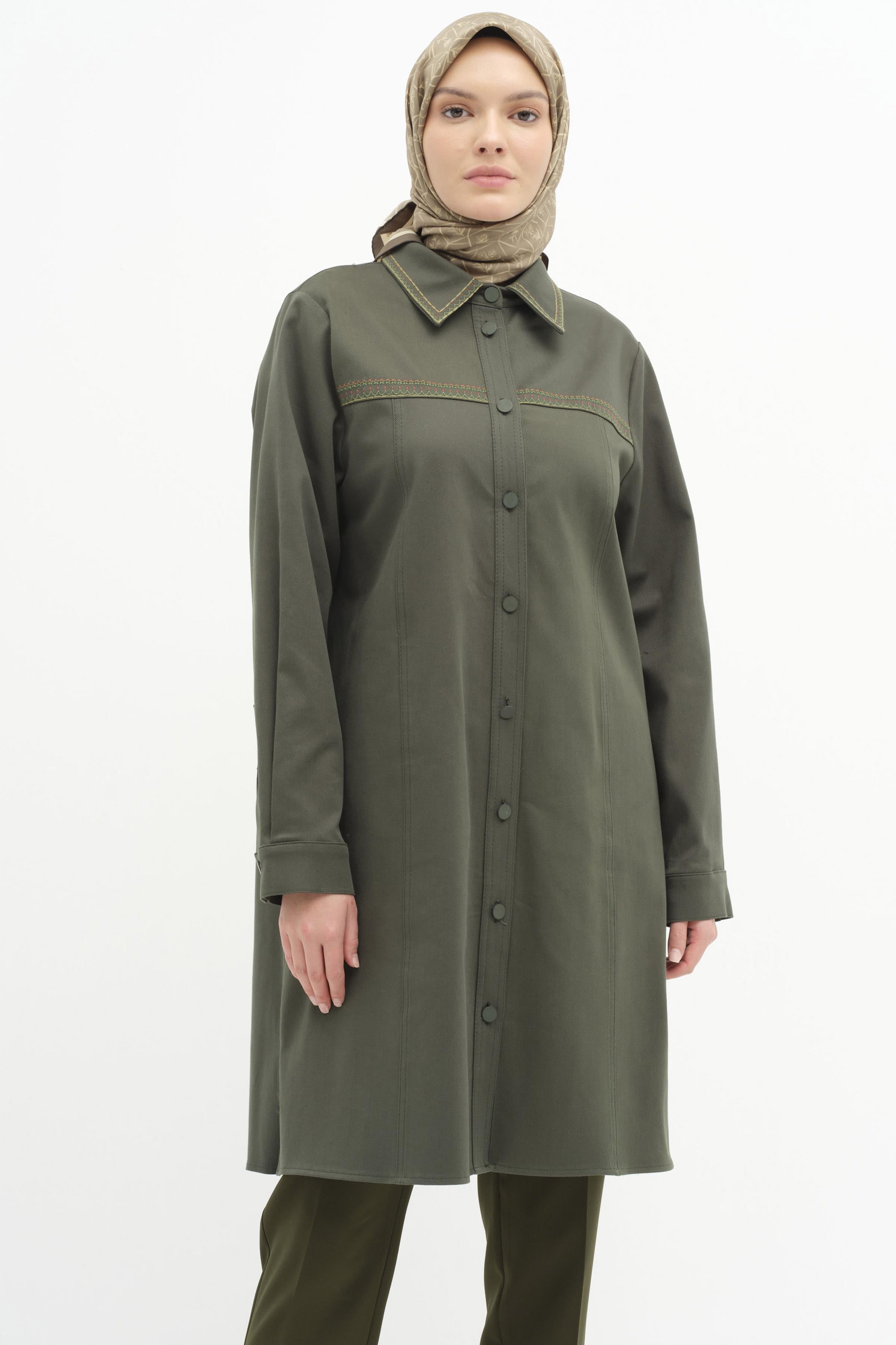 Yaka Ve Robası Nakış Detaylı Canvas Tunik - Haki TUGBA