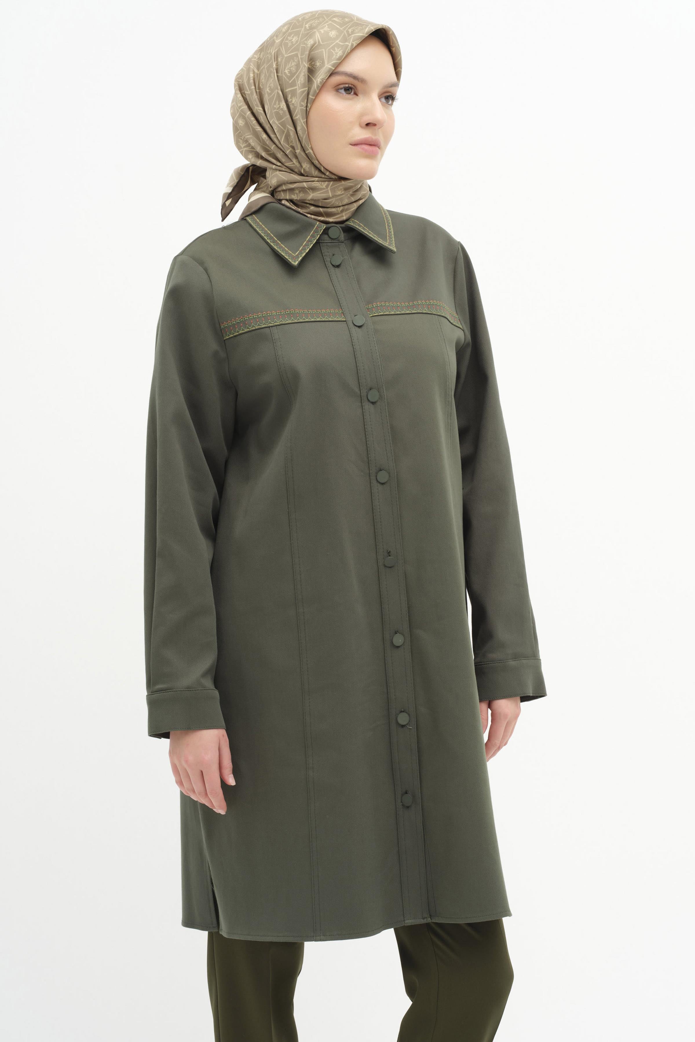 Yaka Ve Robası Nakış Detaylı Canvas Tunik - Haki TUGBA