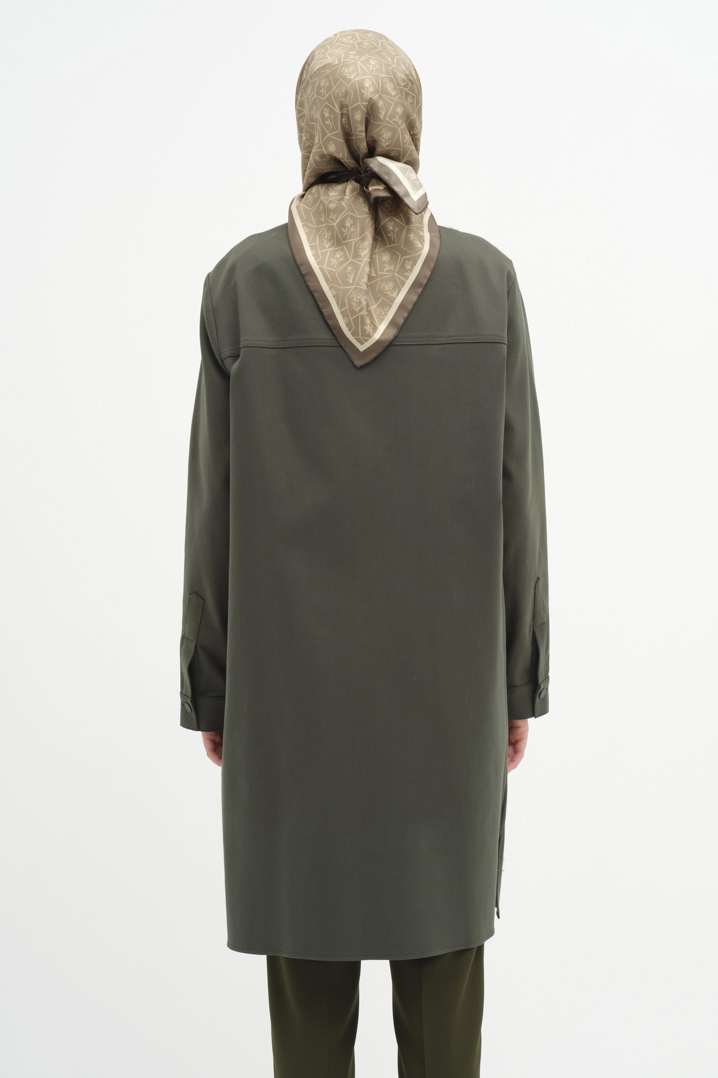 Yaka Ve Robası Nakış Detaylı Canvas Tunik - Haki TUGBA