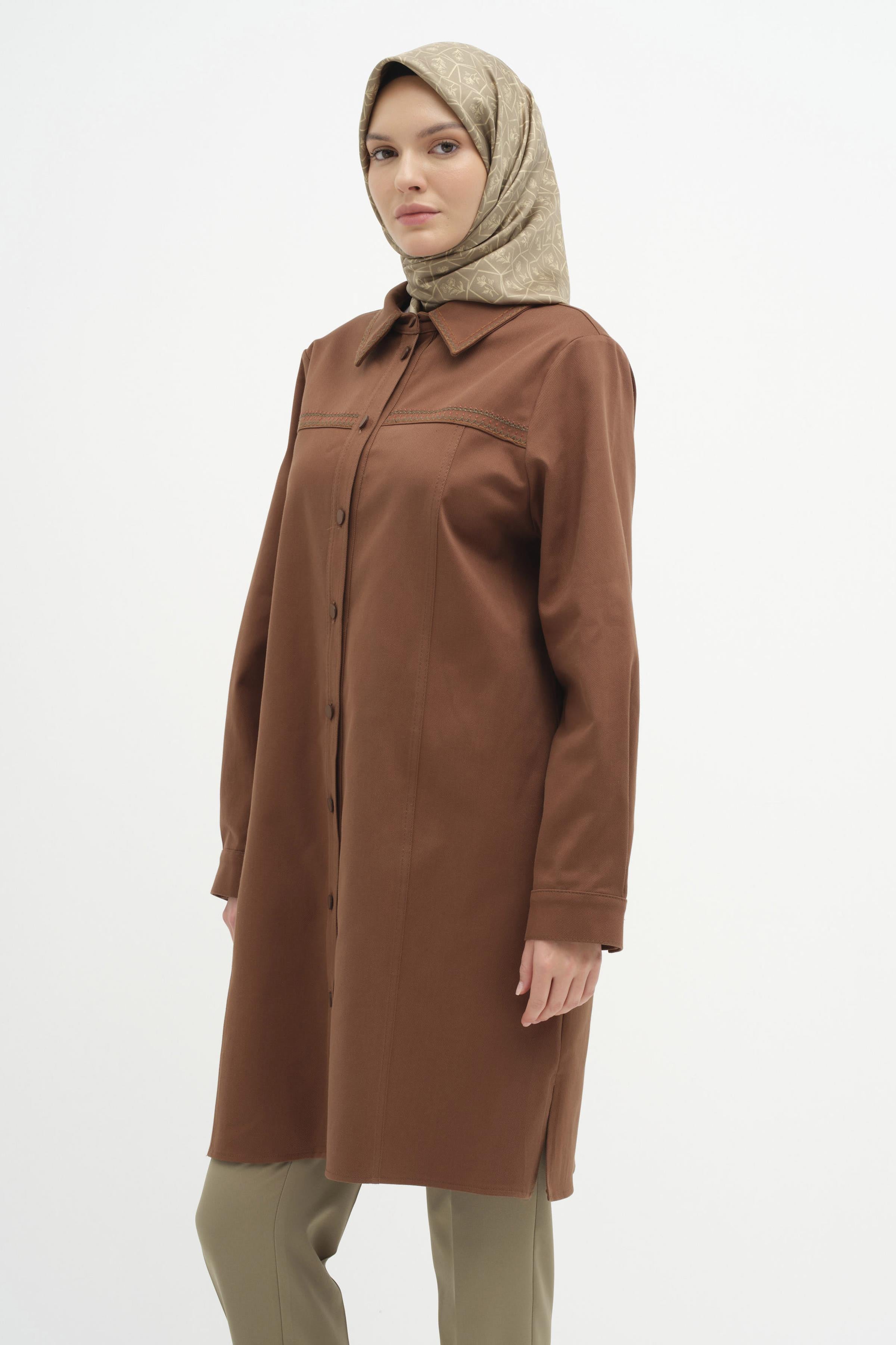 Yaka Ve Robası Nakış Detaylı Canvas Tunik - Kahve TUGBA