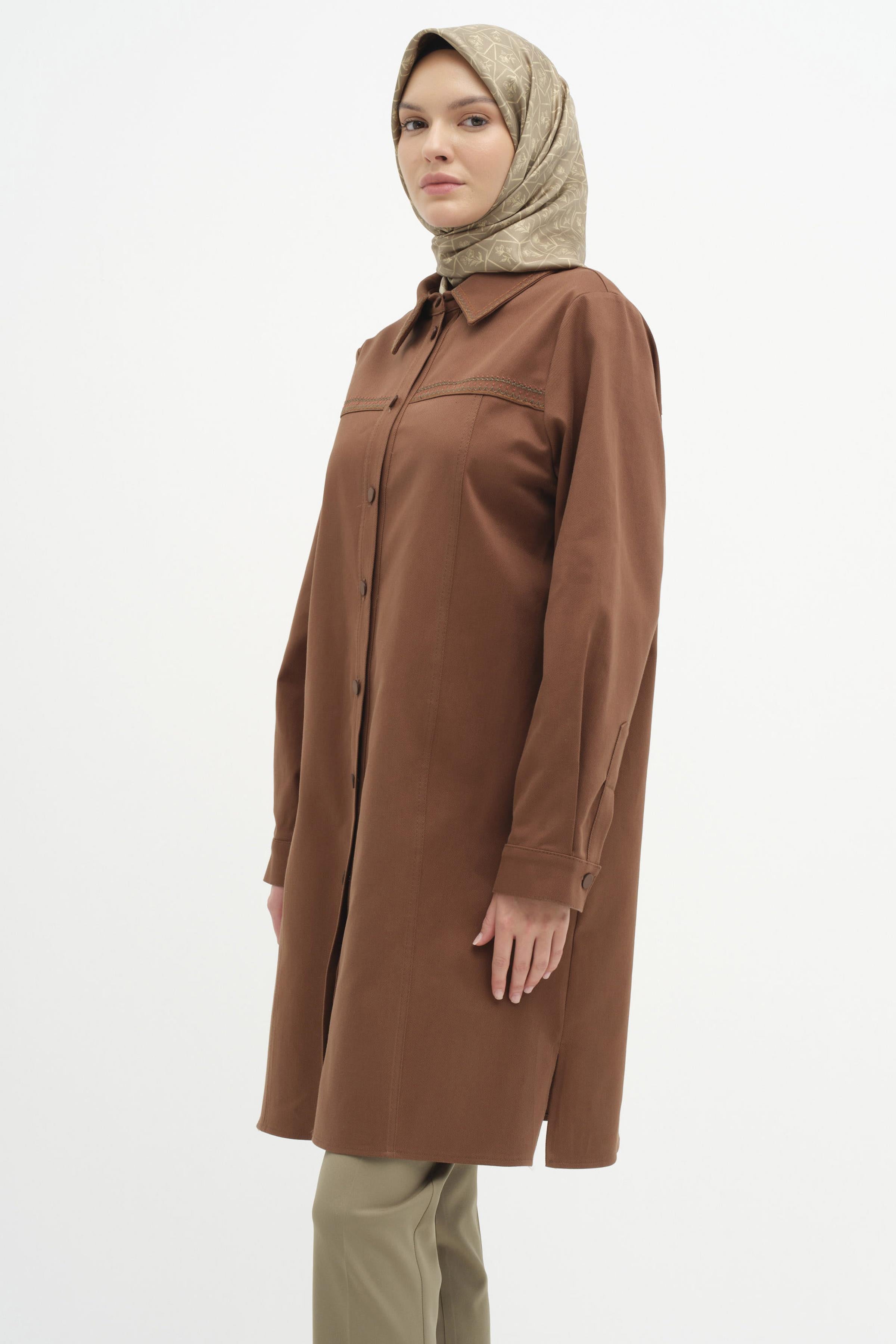 Yaka Ve Robası Nakış Detaylı Canvas Tunik - Kahve TUGBA