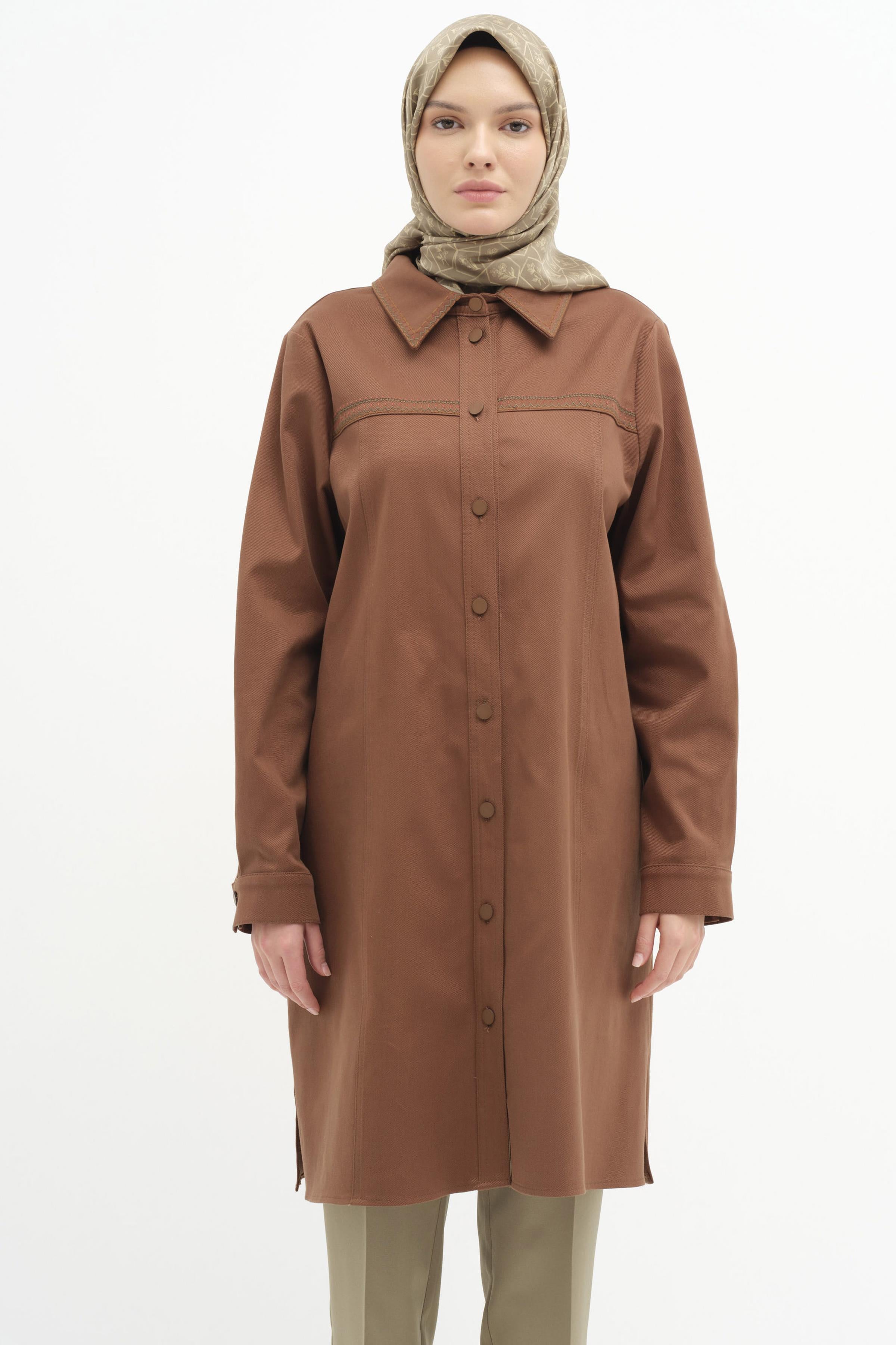 Yaka Ve Robası Nakış Detaylı Canvas Tunik - Kahve TUGBA