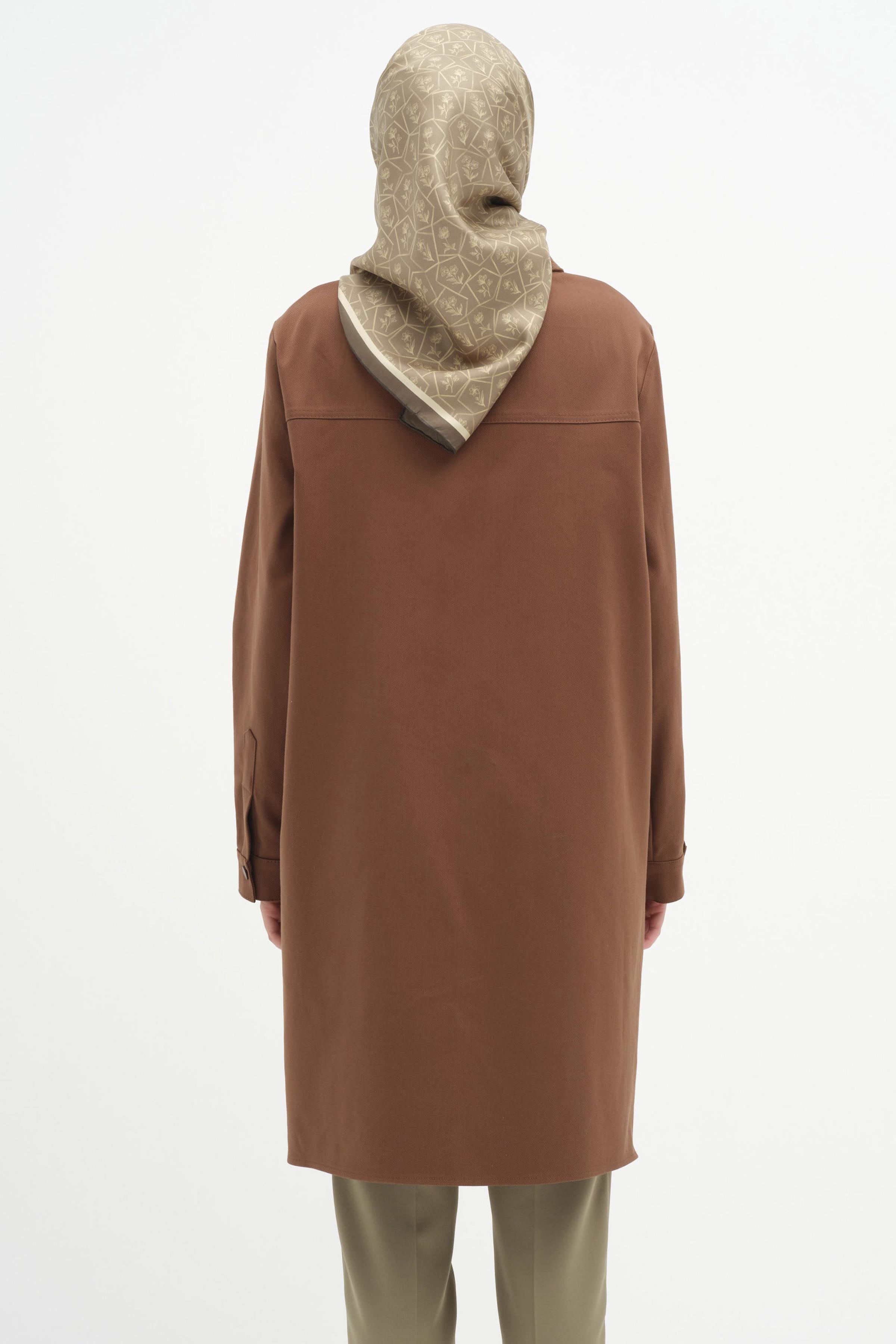 Yaka Ve Robası Nakış Detaylı Canvas Tunik - Kahve TUGBA