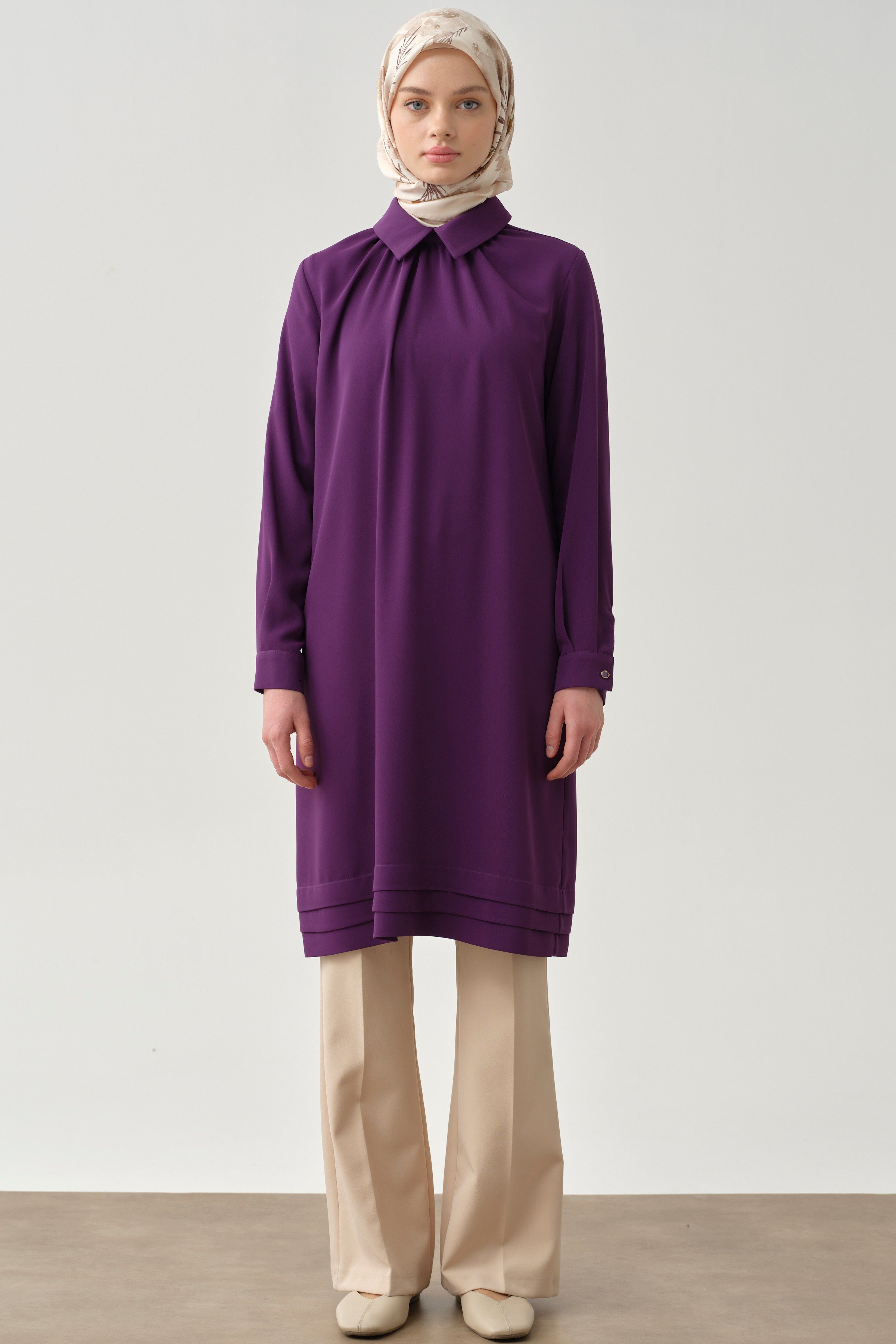 Yakası Büzgülü Aller Detaylı Tunik - Mor TUGBA