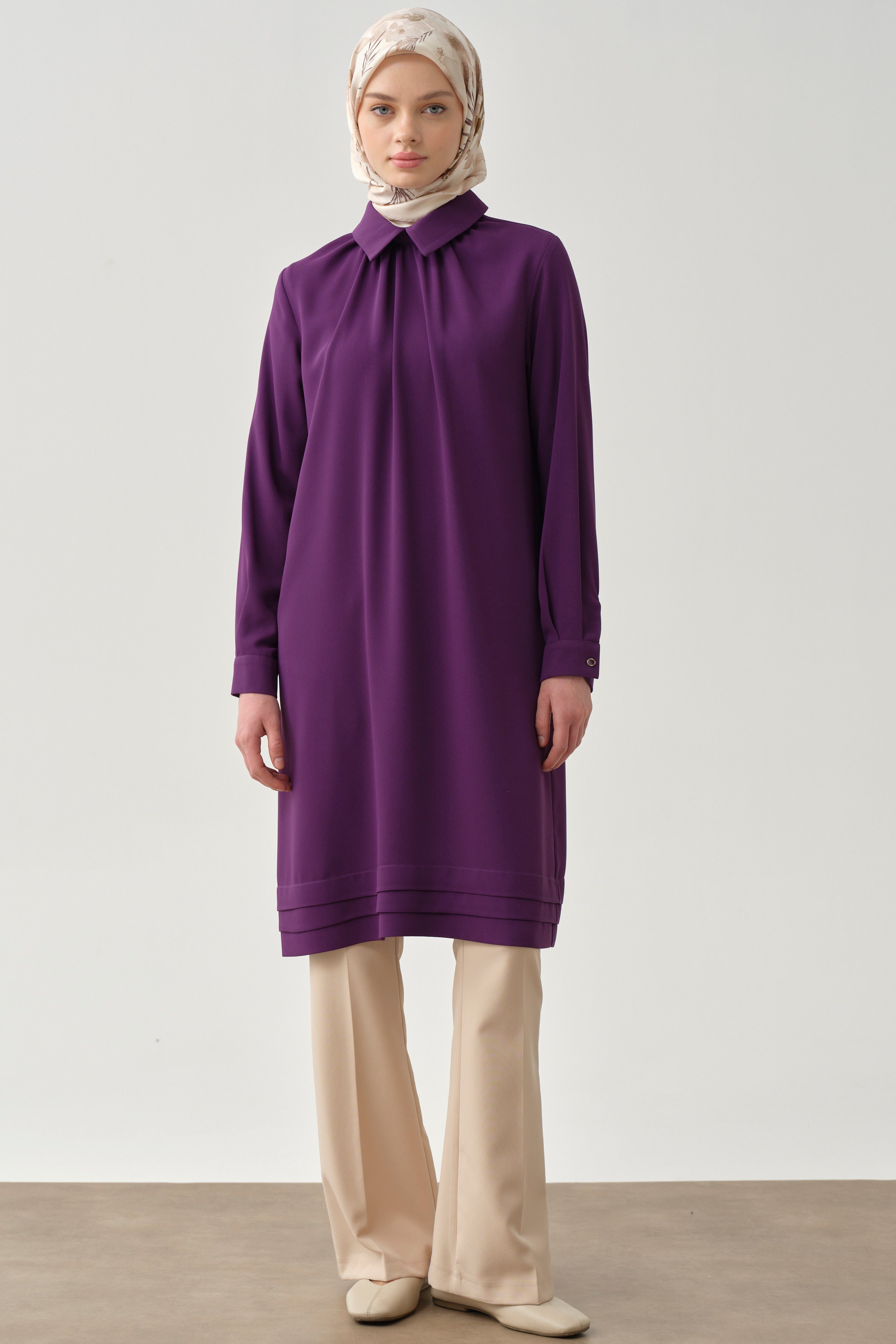 Yakası Büzgülü Aller Detaylı Tunik - Mor TUGBA