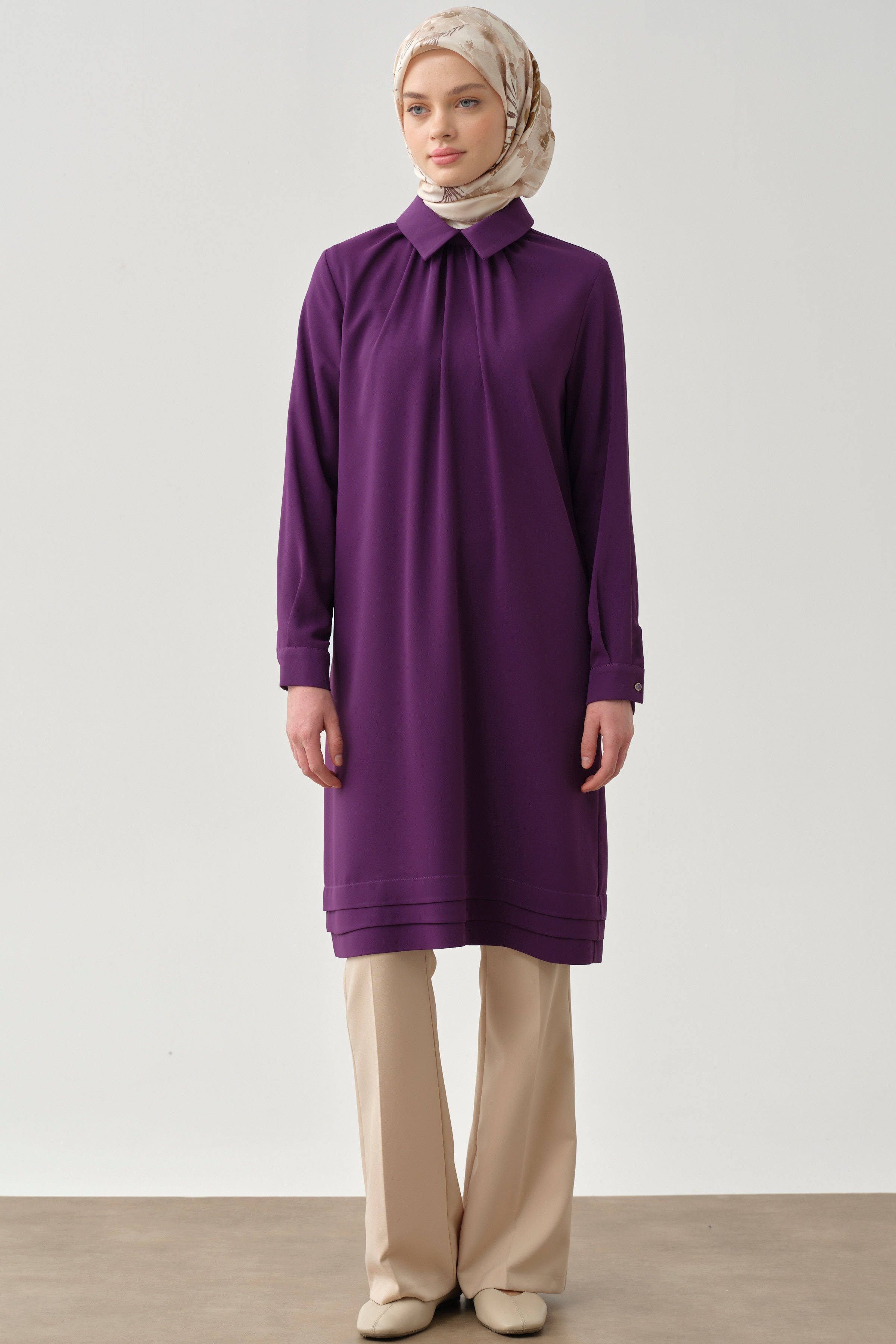 Yakası Büzgülü Aller Detaylı Tunik - Mor TUGBA