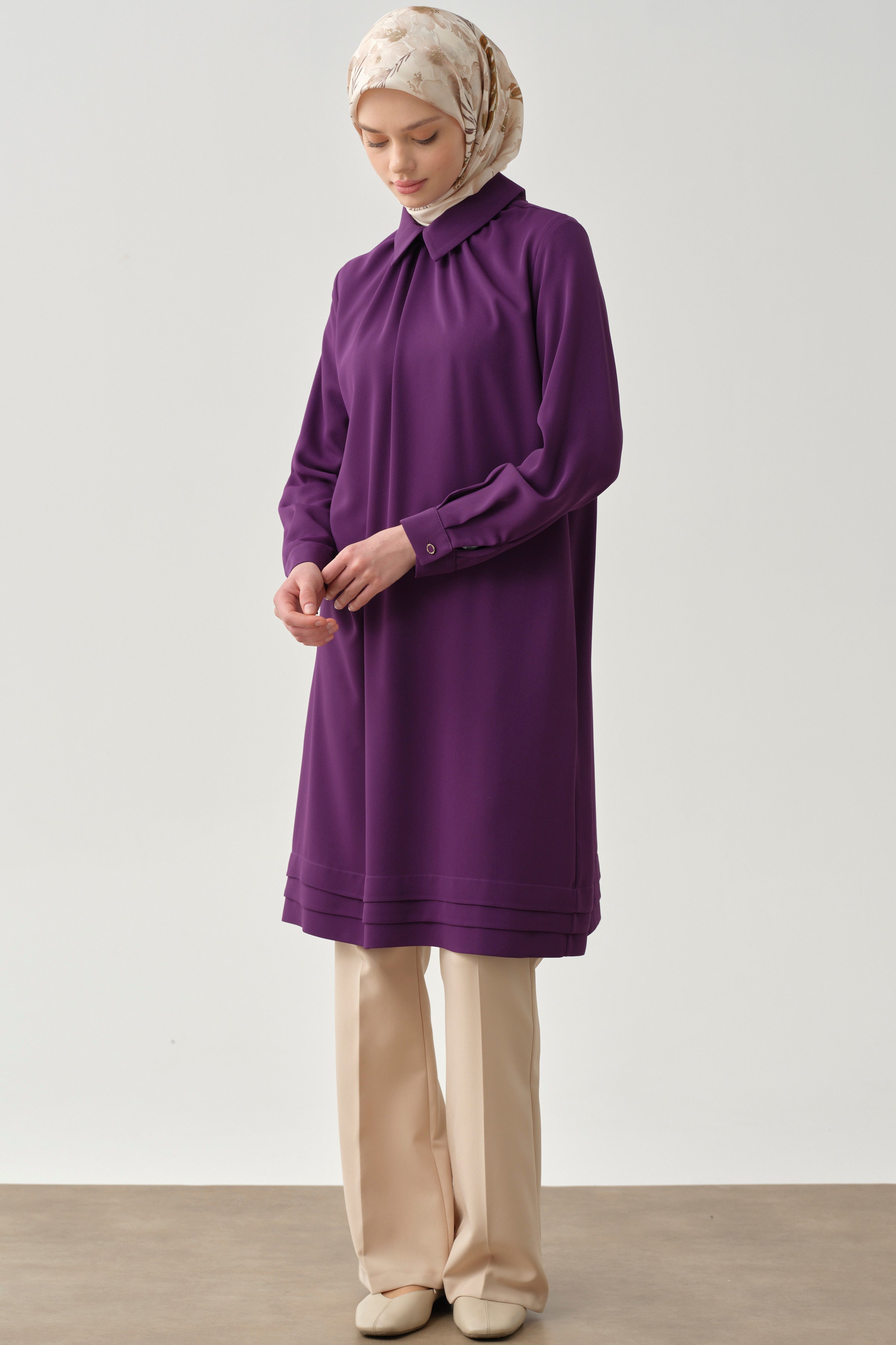 Yakası Büzgülü Aller Detaylı Tunik - Mor TUGBA