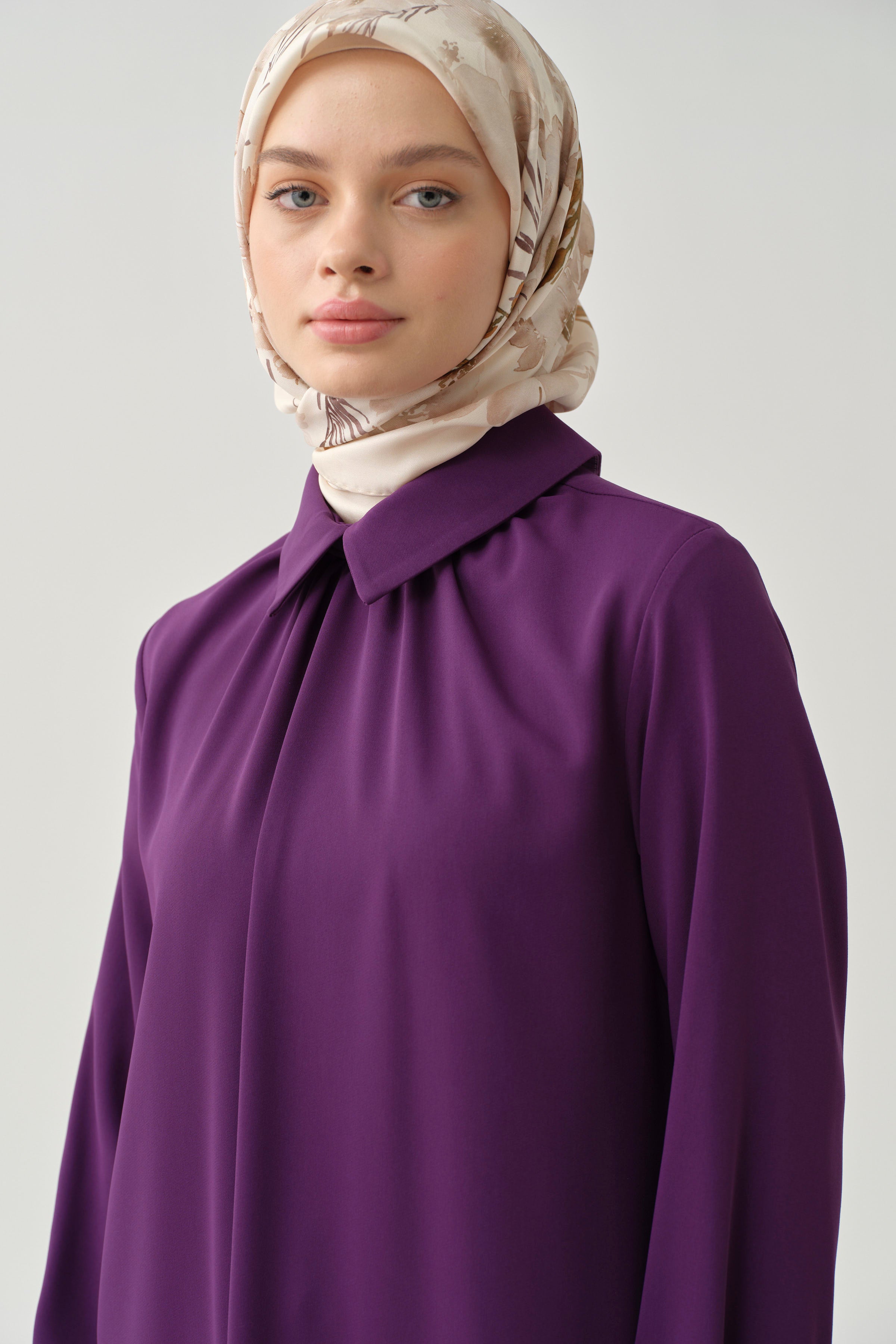 Yakası Büzgülü Aller Detaylı Tunik - Mor TUGBA