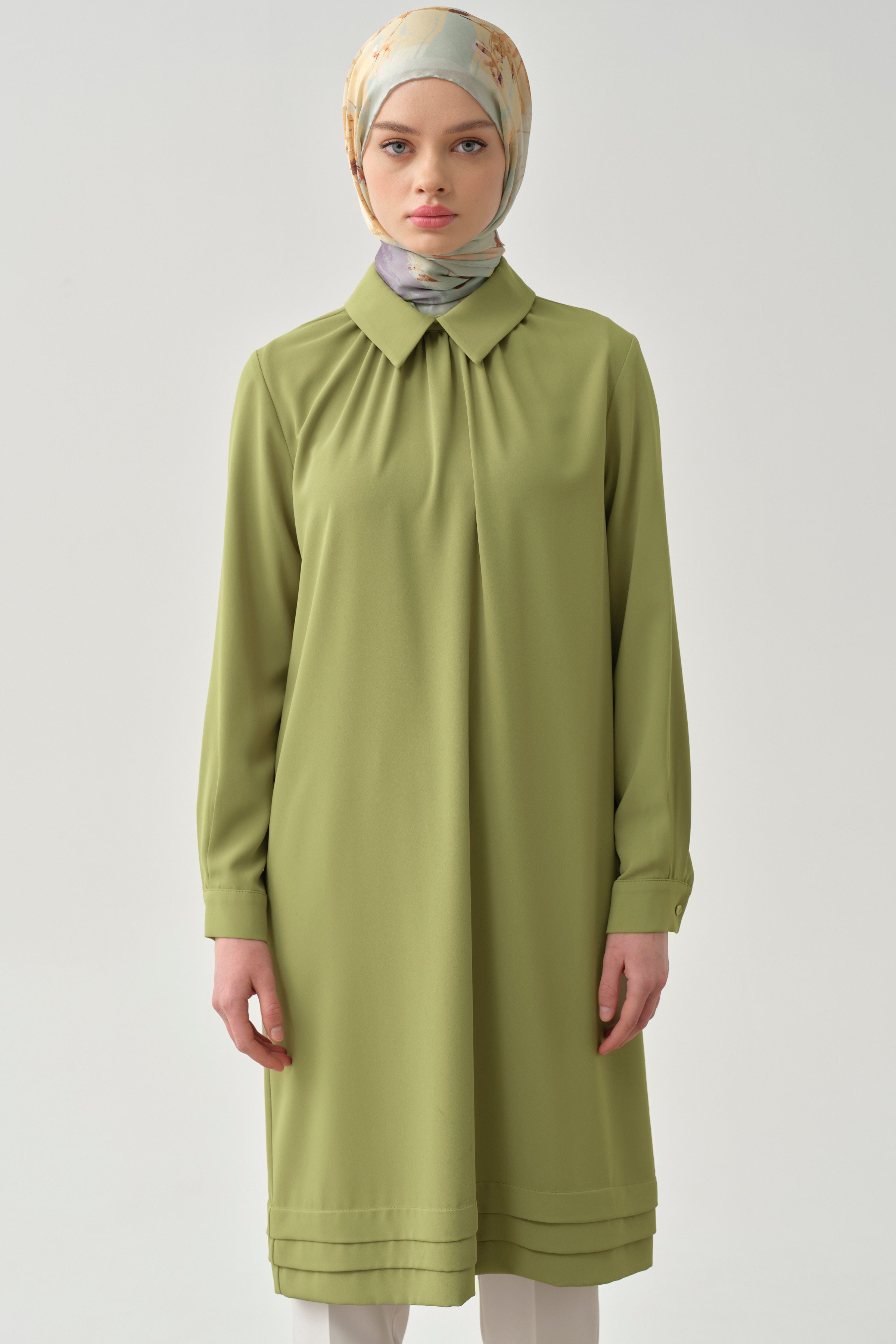 Yakası Büzgülü Aller Detaylı Tunik - Yeşil TUGBA