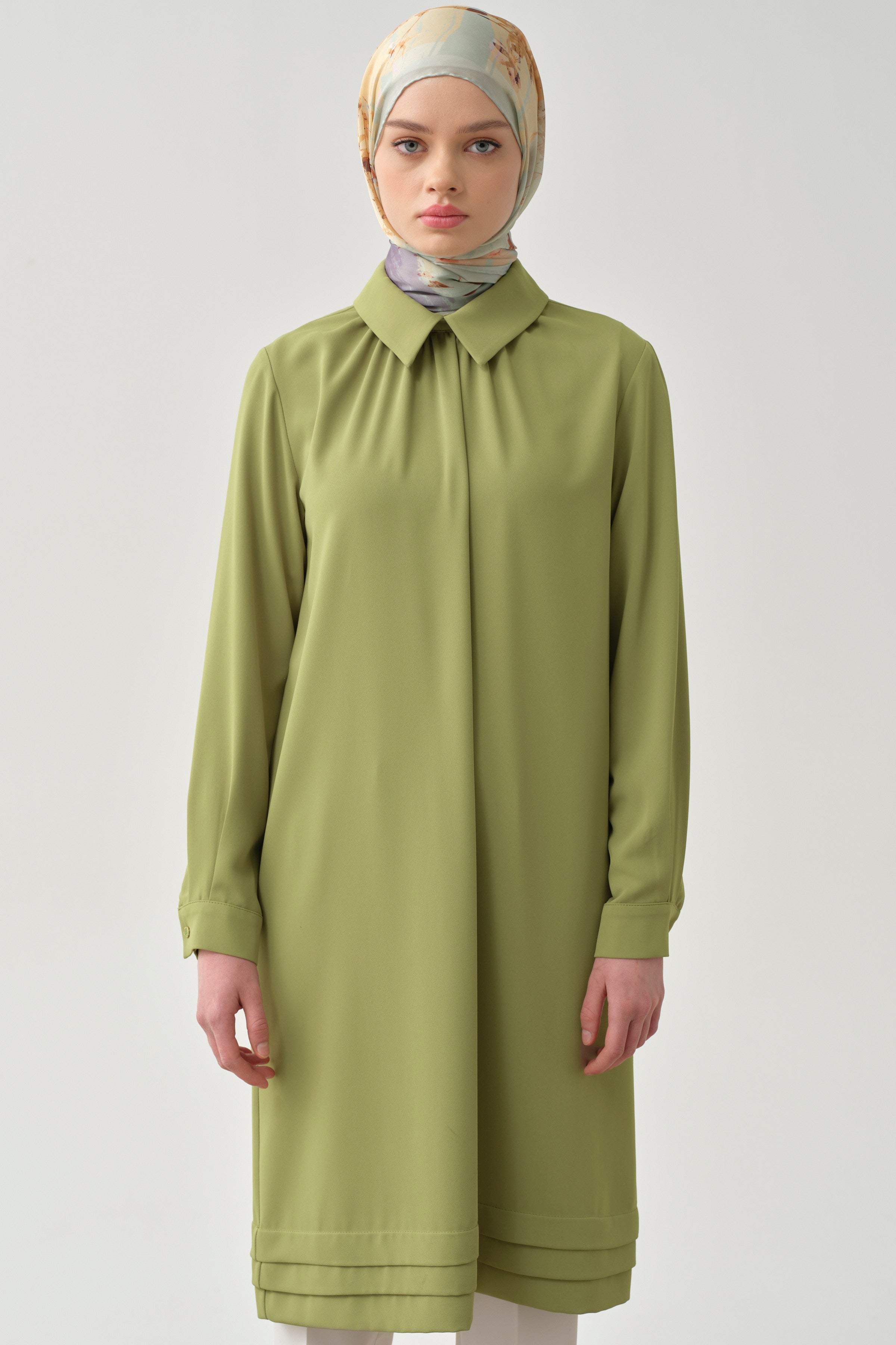 Yakası Büzgülü Aller Detaylı Tunik - Yeşil TUGBA