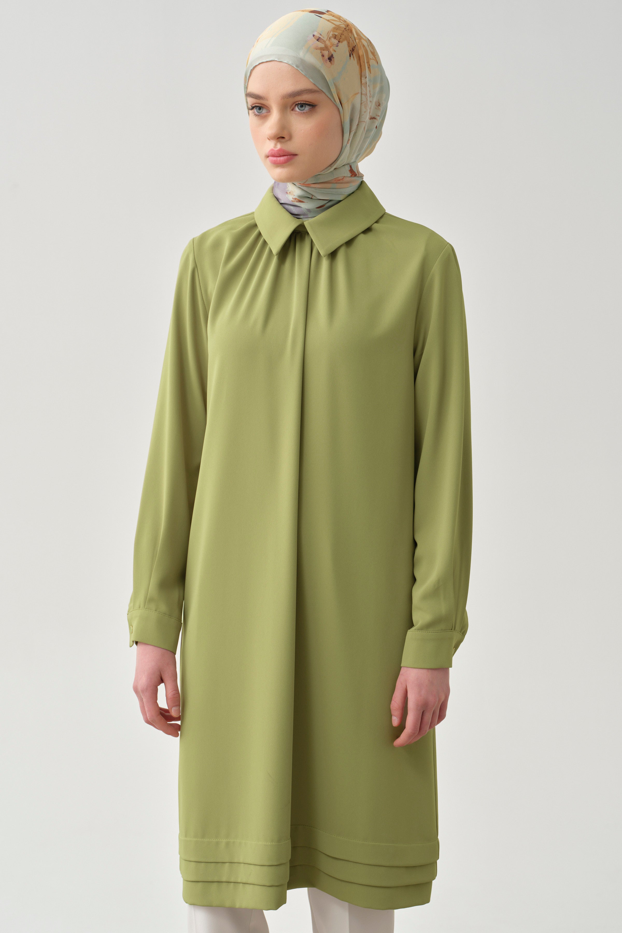 Yakası Büzgülü Aller Detaylı Tunik - Yeşil TUGBA