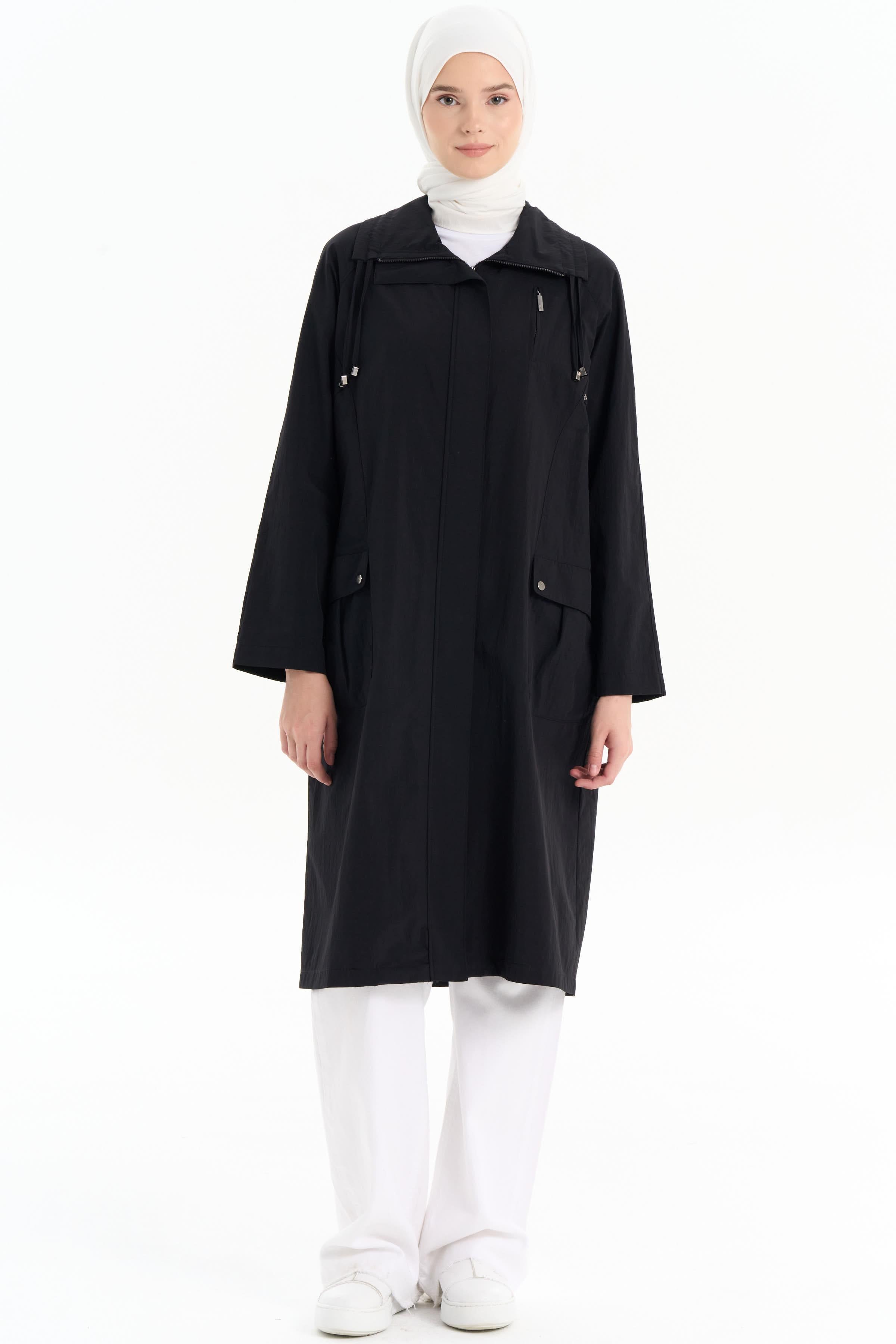 Yakası Çift Biyeli Trençkot - Siyah TUGBA