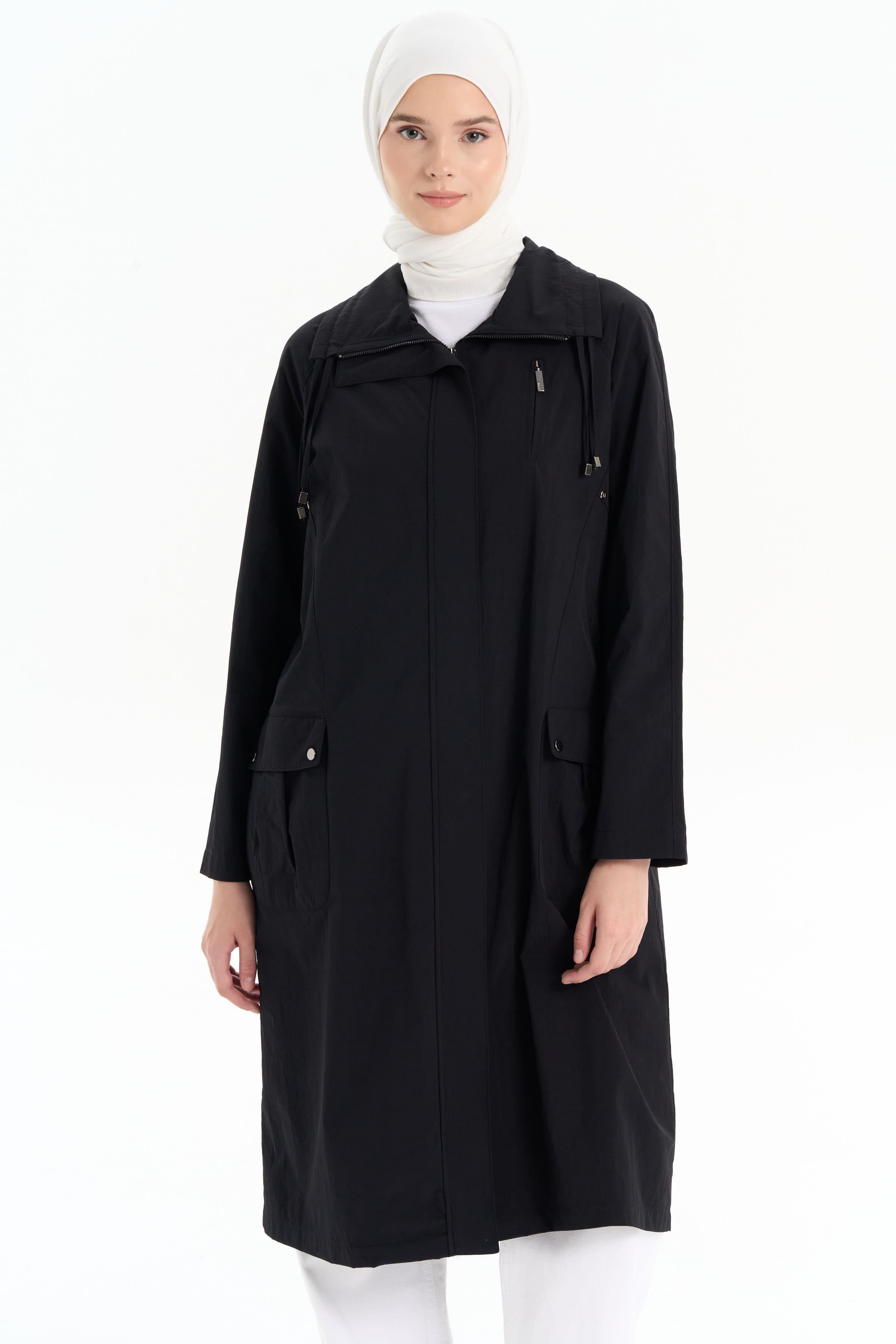 Yakası Çift Biyeli Trençkot - Siyah TUGBA