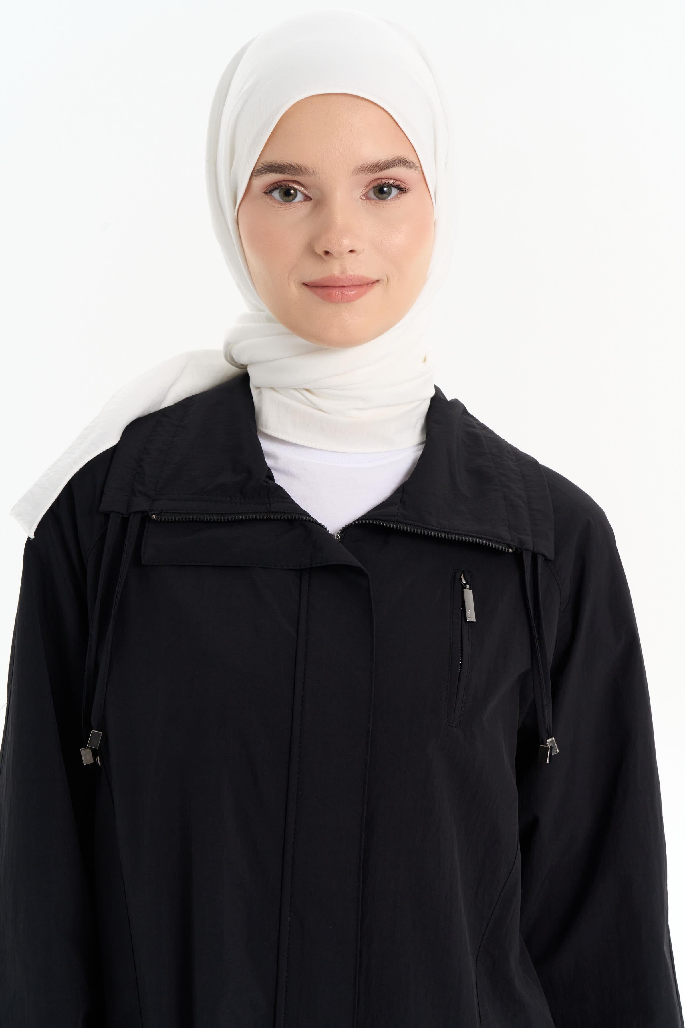 Yakası Çift Biyeli Trençkot - Siyah TUGBA