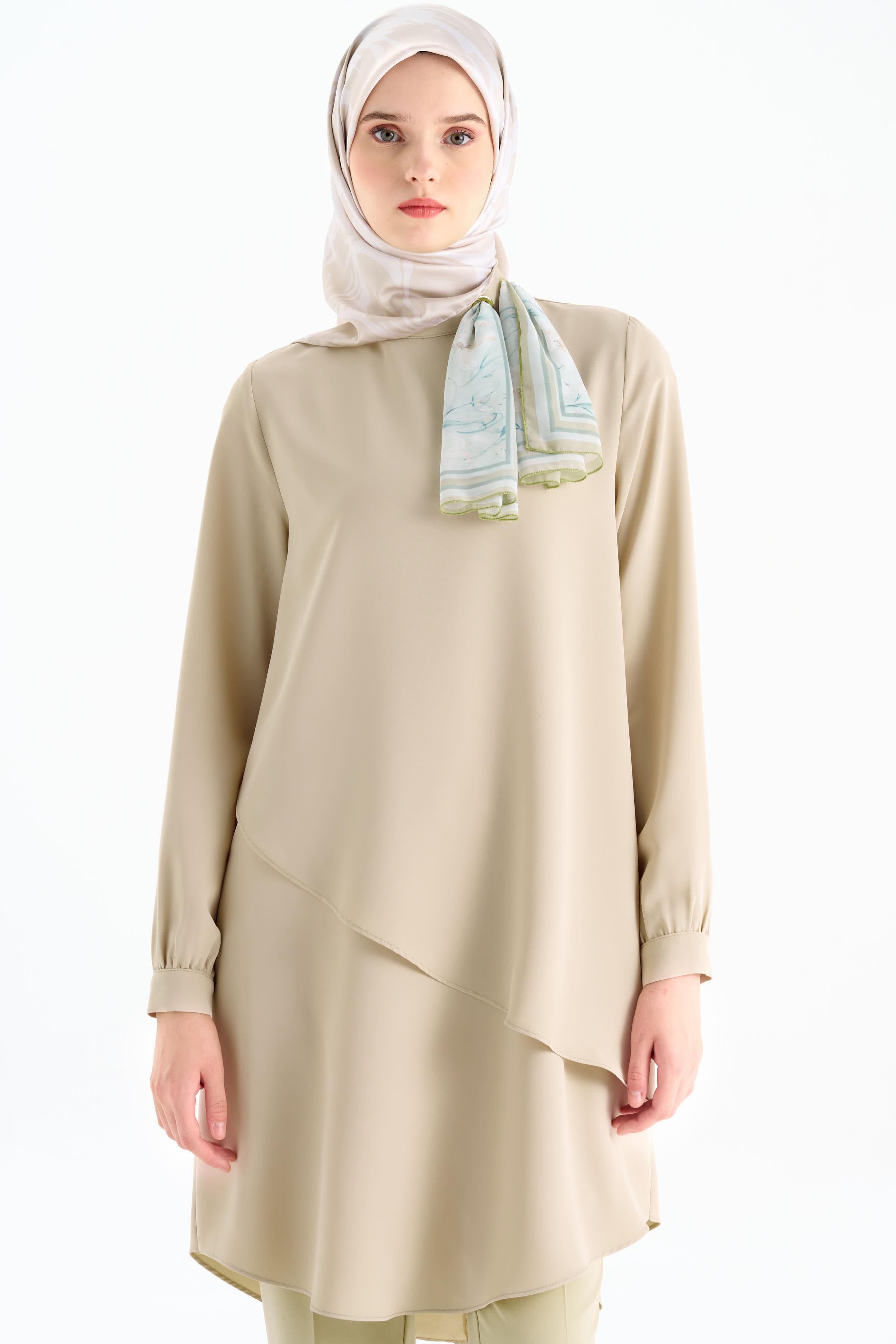 Yakası Fularlı Tunik - Bej TUGBA