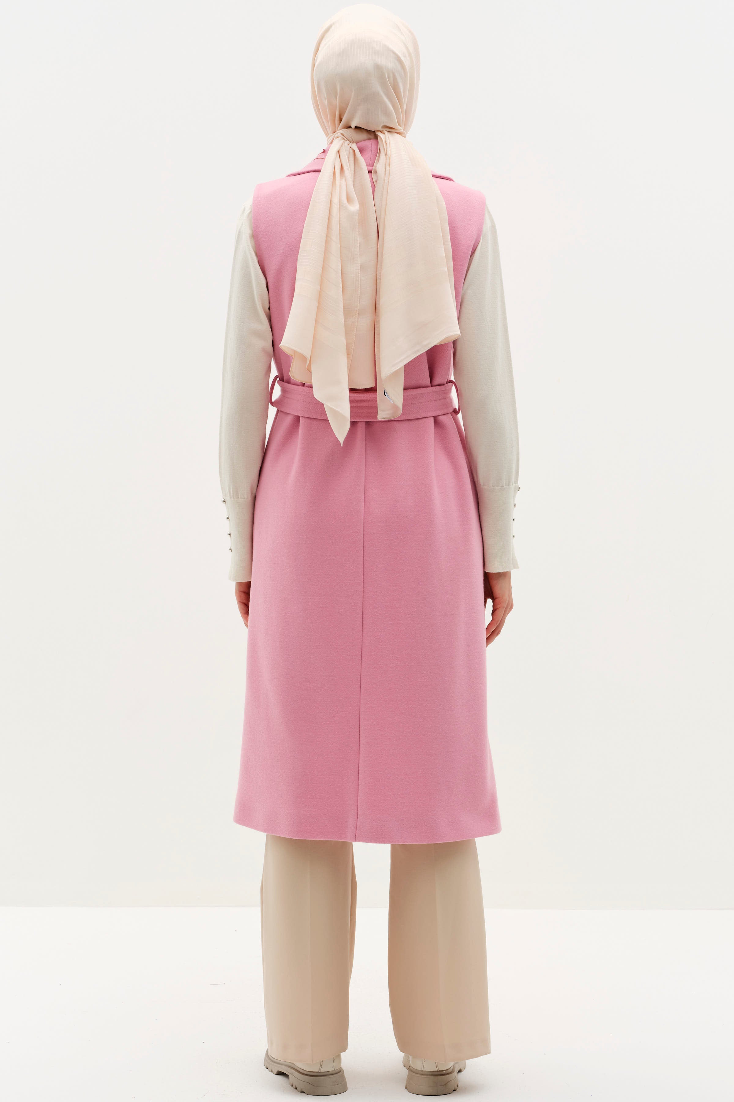 Yakası Nakışlı Kemerli Keçe Yelek - Pembe TUGBA