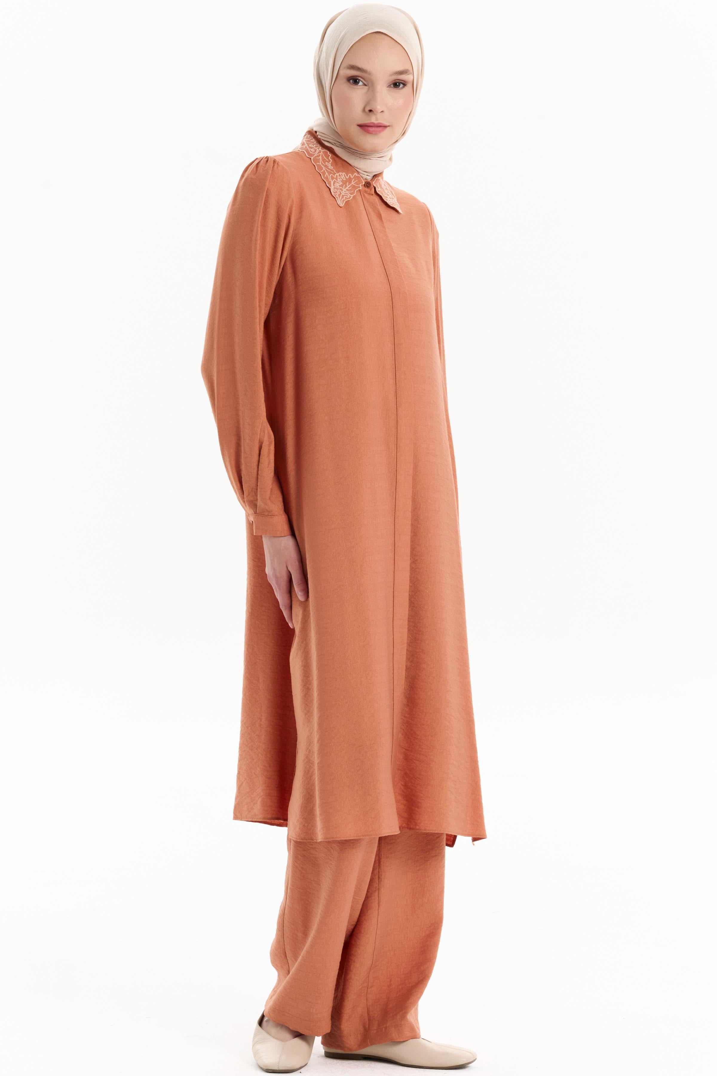 Yakası Nakışlı Tunik Pantolon Takım - Kiremit TUGBA