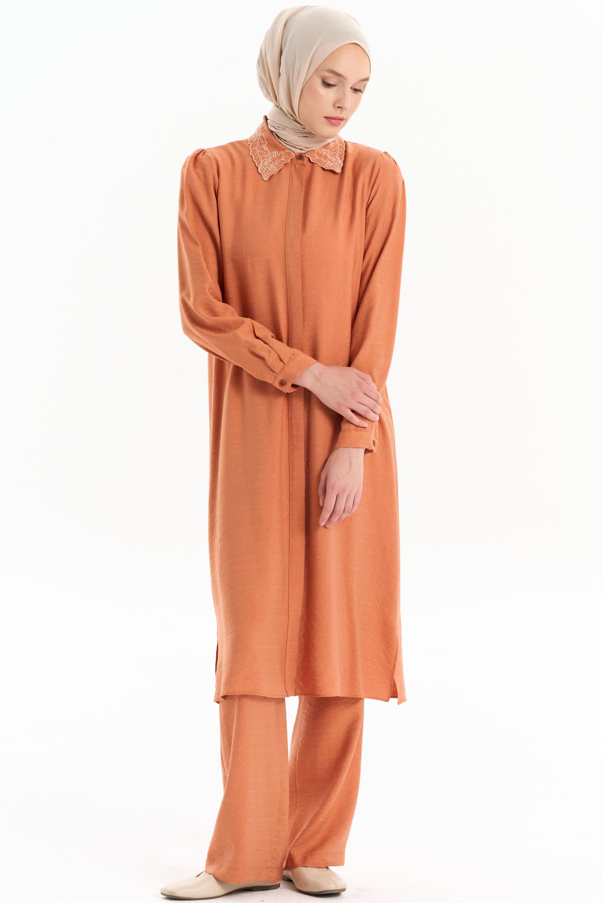 Yakası Nakışlı Tunik Pantolon Takım - Kiremit TUGBA