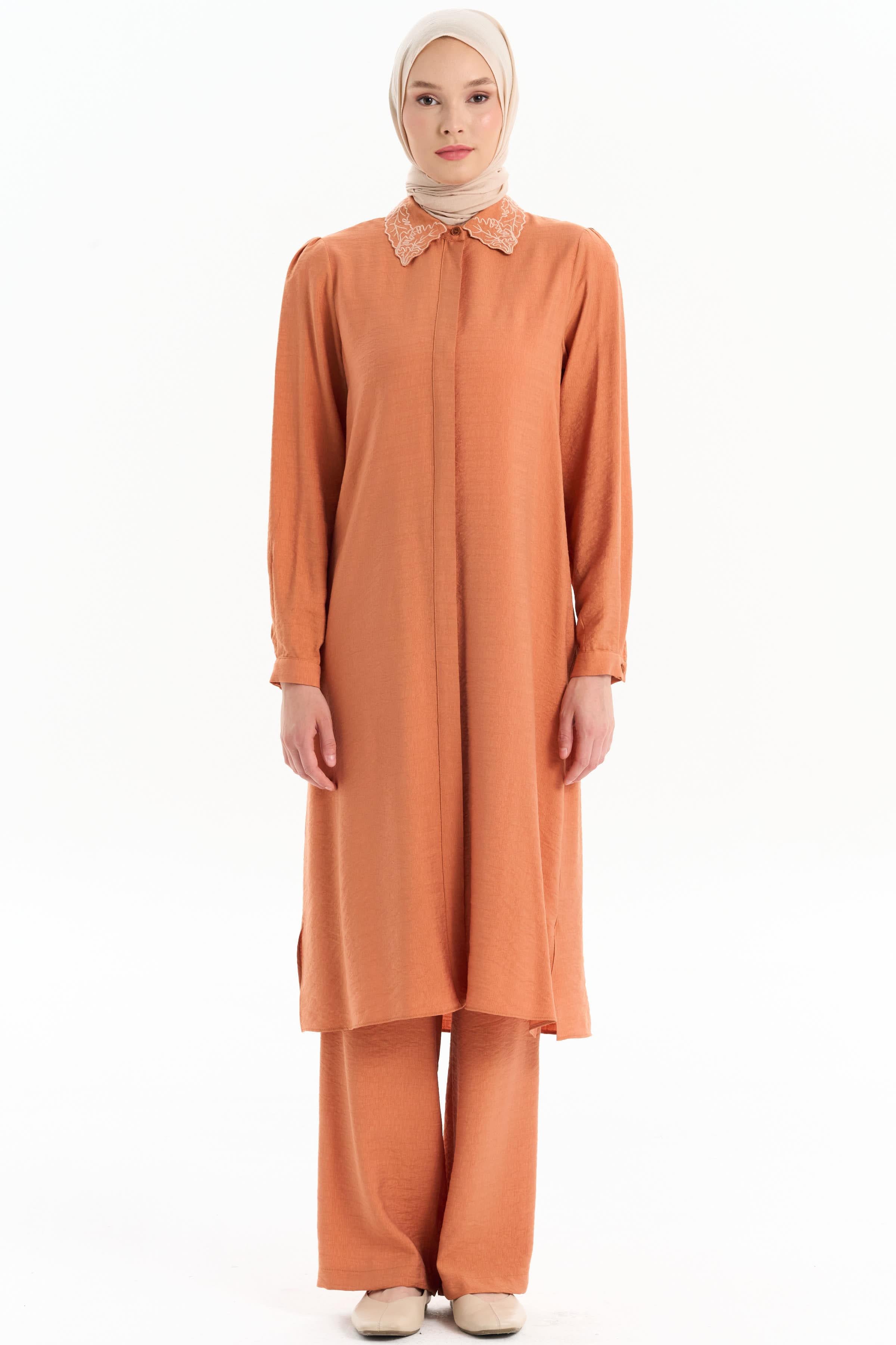 Yakası Nakışlı Tunik Pantolon Takım - Kiremit TUGBA