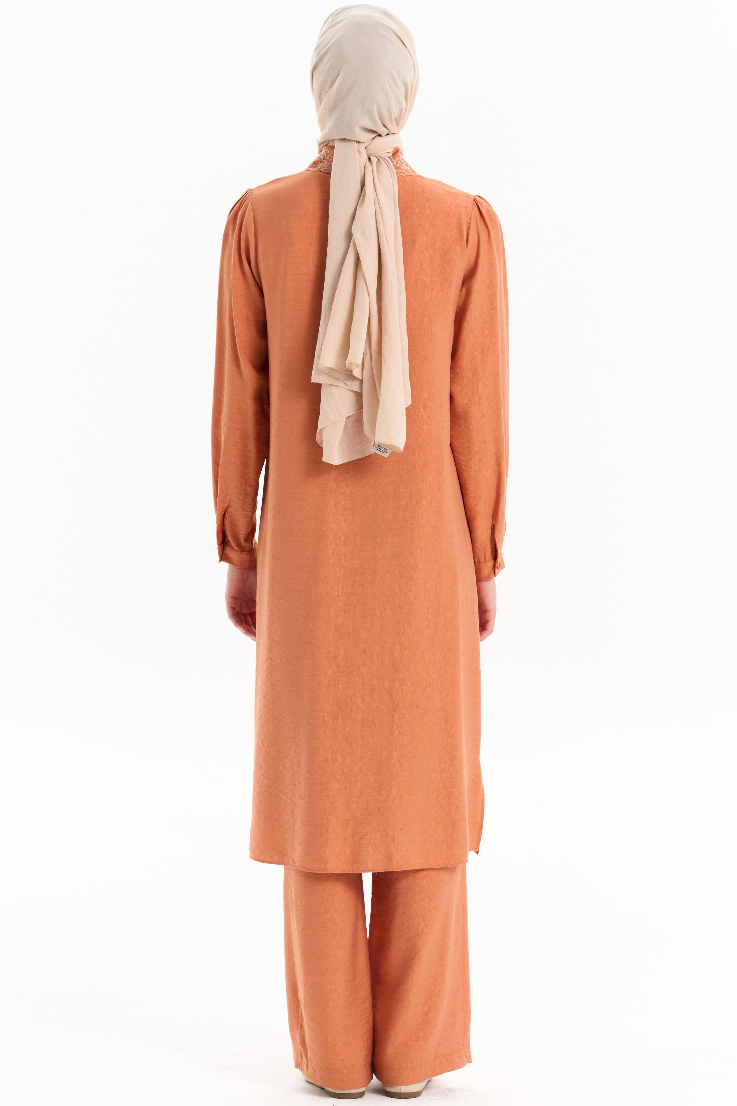 Yakası Nakışlı Tunik Pantolon Takım - Kiremit TUGBA